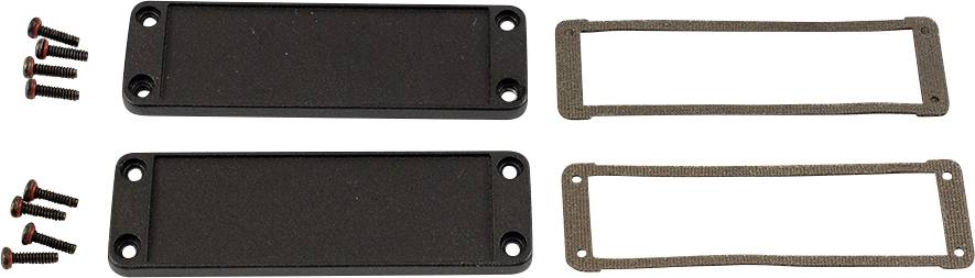 Zwei rechteckige, schwarze Plastikabdeckungen mit sechs Schrauben und zwei rechteckige Dichtungen, möglicherweise für die Montage.