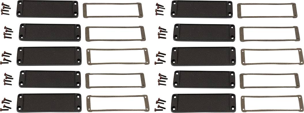 Ein Set aus mehreren schwarzen rechteckigen Abdeckplatten mit Löchern, ergänzt durch passende Schrauben und Dichtungen in zwei Reihen.