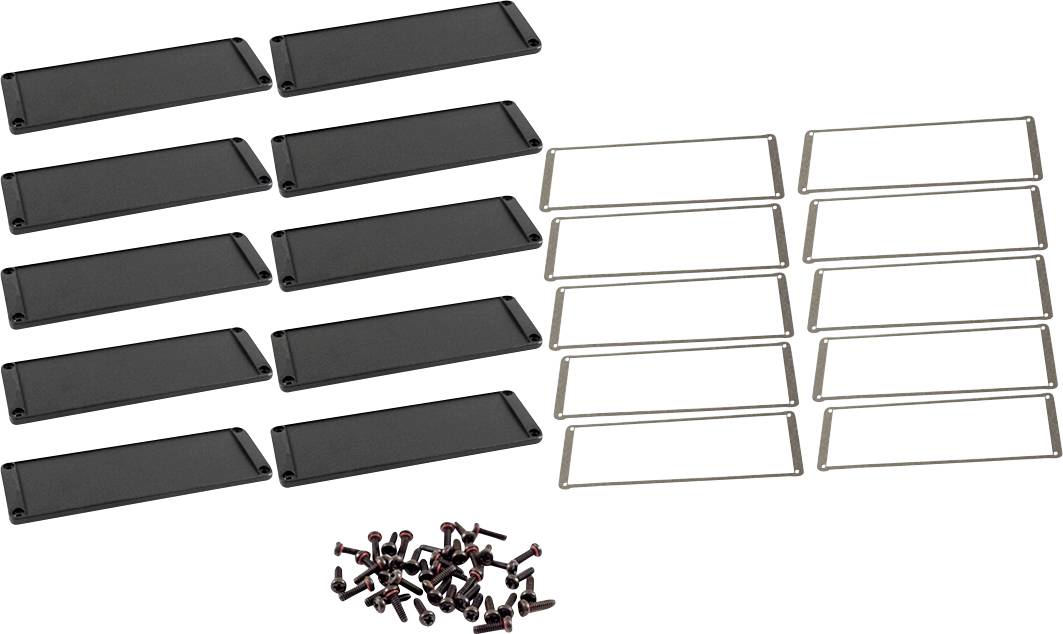 Zwölf schwarze Abdeckplatten, zwölf silberne Rahmen und eine Gruppe kleiner schwarzen Schrauben auf einem weißen Hintergrund.