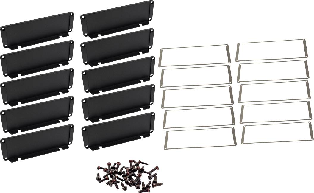 Schwarze Metallkartenhalter mit Etikettenrahmen und Schrauben, zur Kennzeichnung von Schubladen oder Regalen.