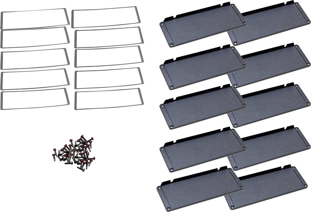 Metallschilder und passende Halterungen mit Schrauben. Set zur Befestigung an Geräten oder Wänden.