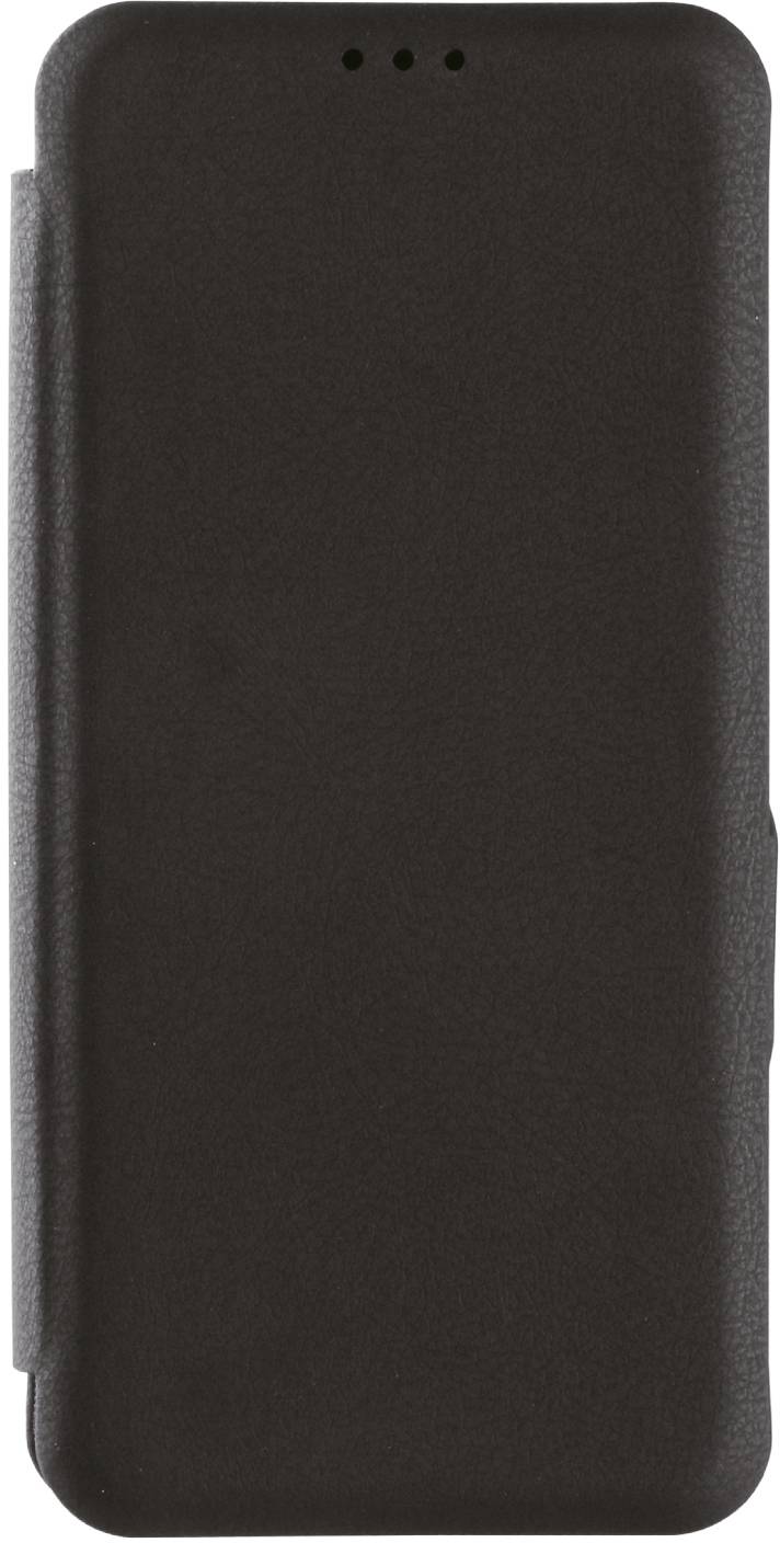 Ein geschlossenes, schwarzes Smartphone-Etui aus Leder mit abgerundeten Ecken und einer Klappe, die das gesamte Telefon abdeckt.