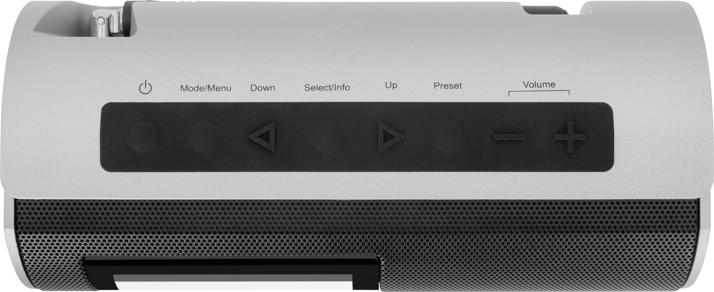 Tragbarer Lautsprecher in zylindrischem Design mit Bedientasten für 'Mode/Menu', 'Down', 'Select/Info', 'Up', 'Preset', 'Volume'.