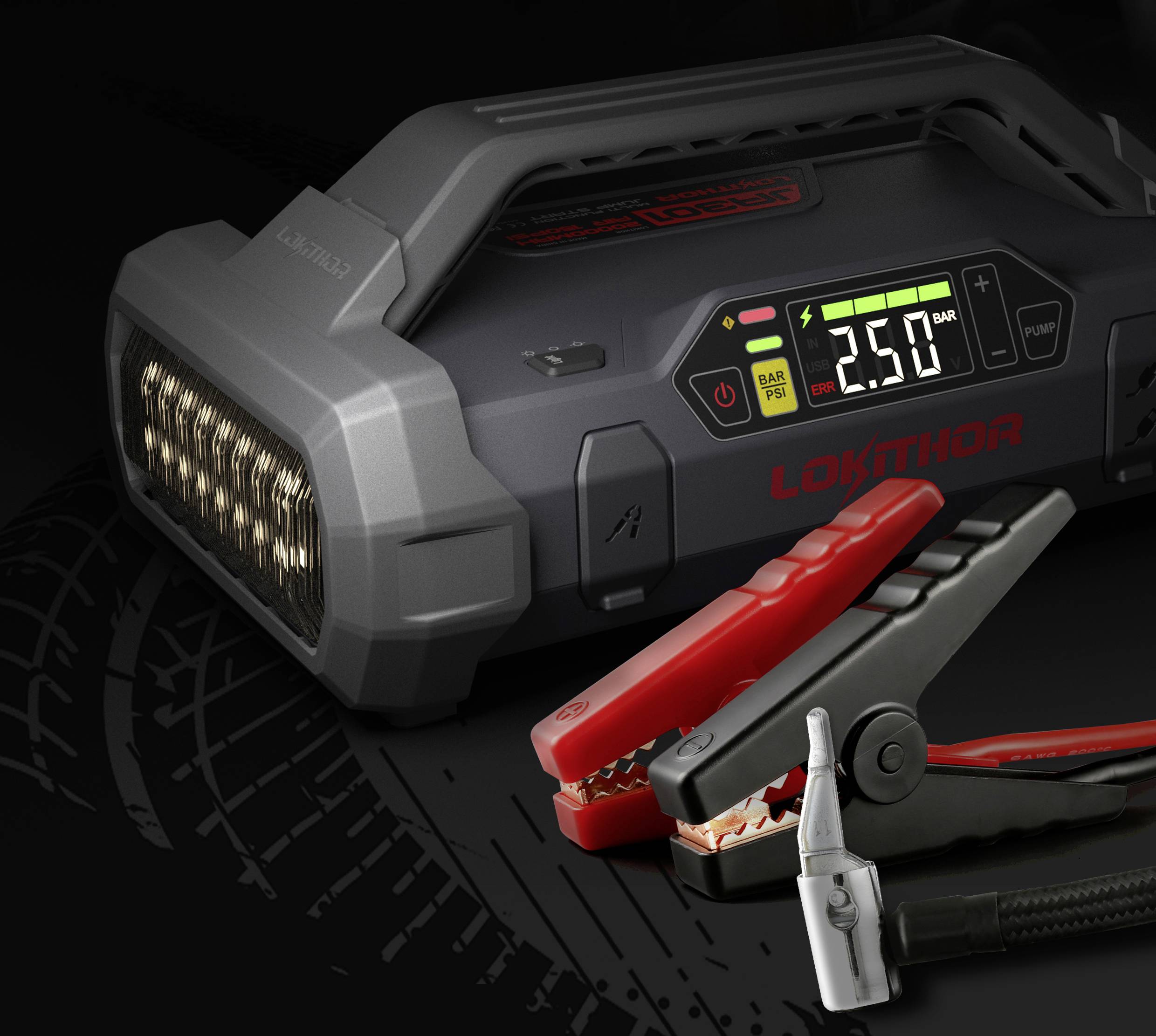 Schnellstartsystem Lokithor GRPJST002 Starthilfestrom (12 V)=1000 A Arbeitsleuchte, Kompressor, Lade- und Aufbewahrungsstation, Ladezustandsanzeige