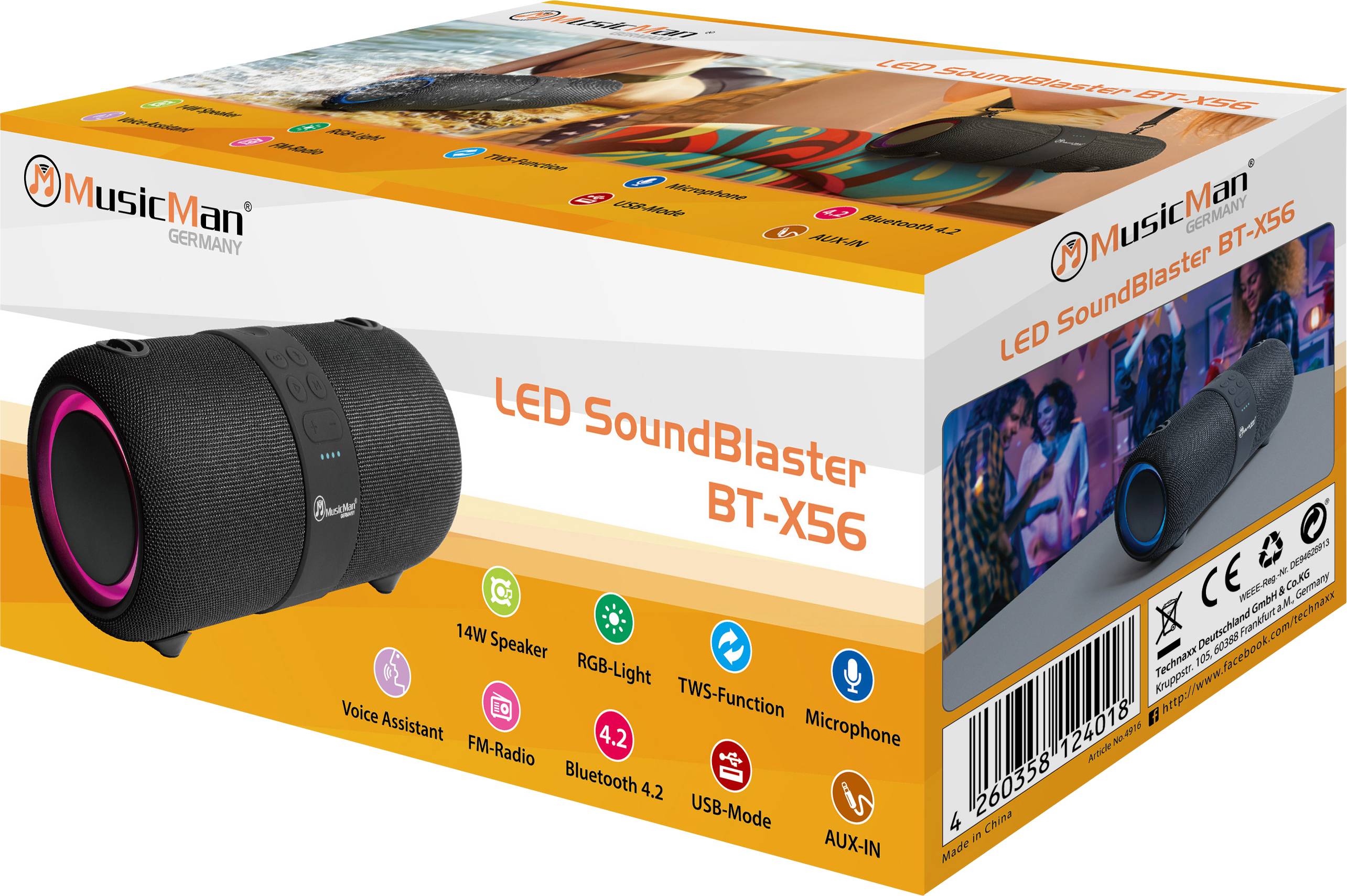 Music Man BT-X56 Bluetooth® Lautsprecher spritzwassergeschützt, USB, AUX Schwarz