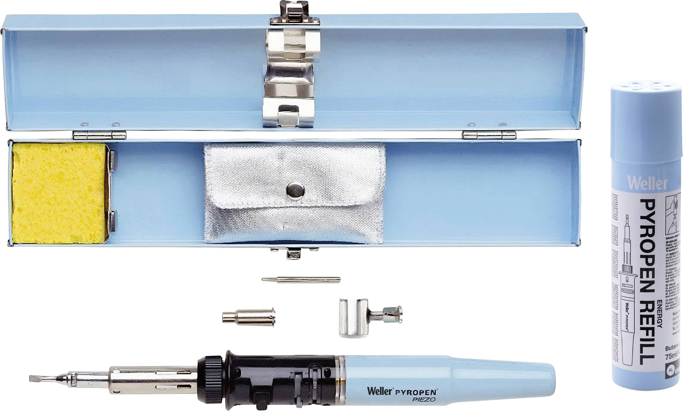 Lötkolben-Set mit blauer Schachtel, Schwamm, Zubehörteilen und Nachfüllgas. Markenname 'Weller' sichtbar.