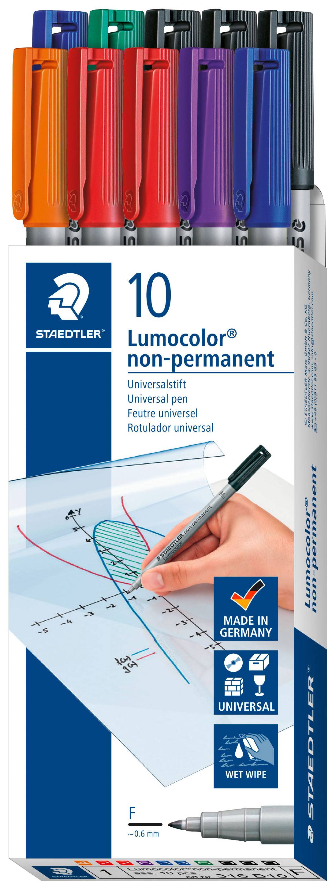 Schachtel mit 10 farbigen Lumocolor non-permanent Markern von Staedtler. Auf der Verpackung ist eine Hand, die auf Folie schreibt.