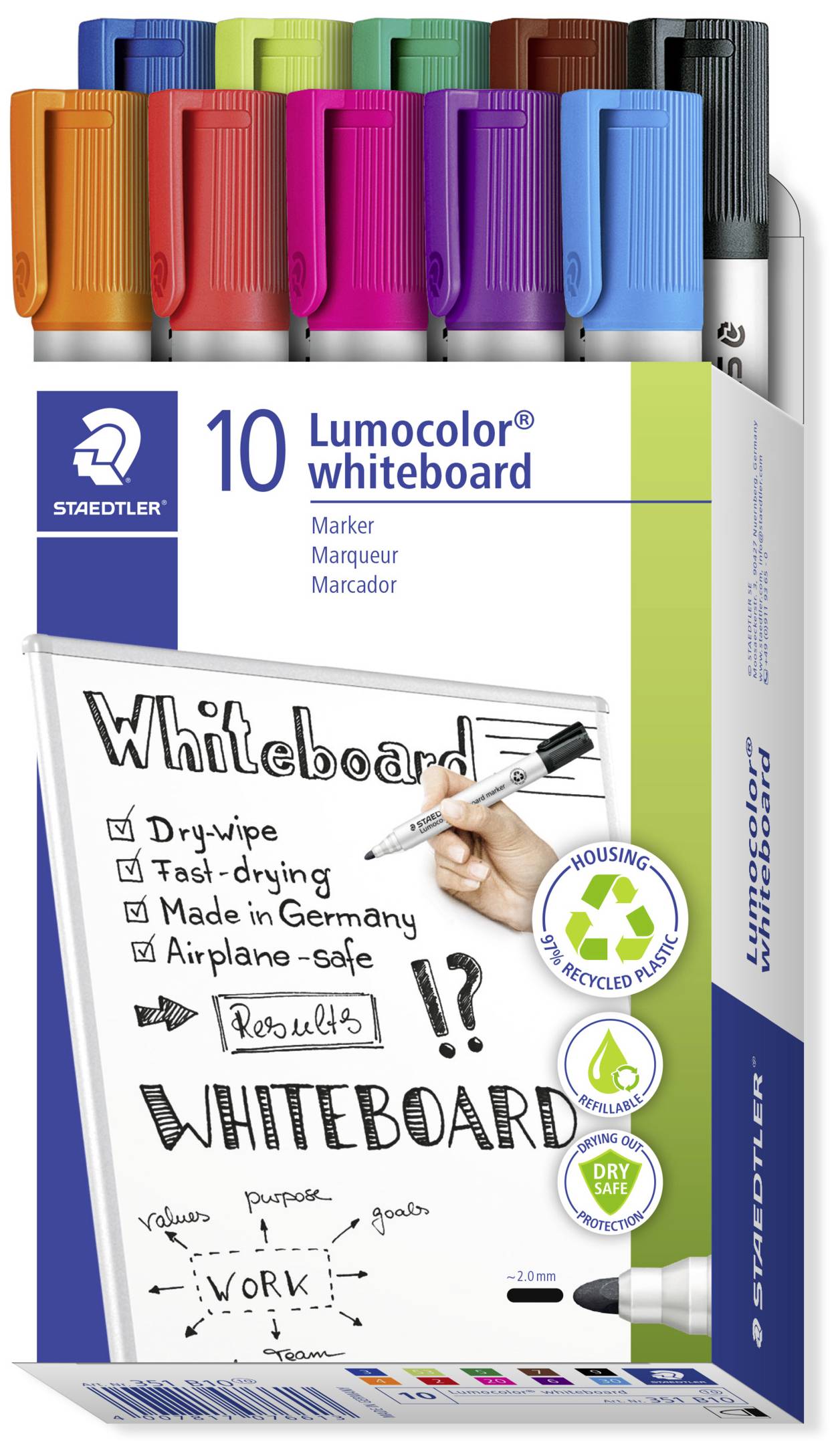 Das Bild zeigt eine Packung mit 10 Lumocolor Whiteboard-Markern in verschiedenen Farben, geeignet zum schnellen Trocknen und umweltfreundlich.