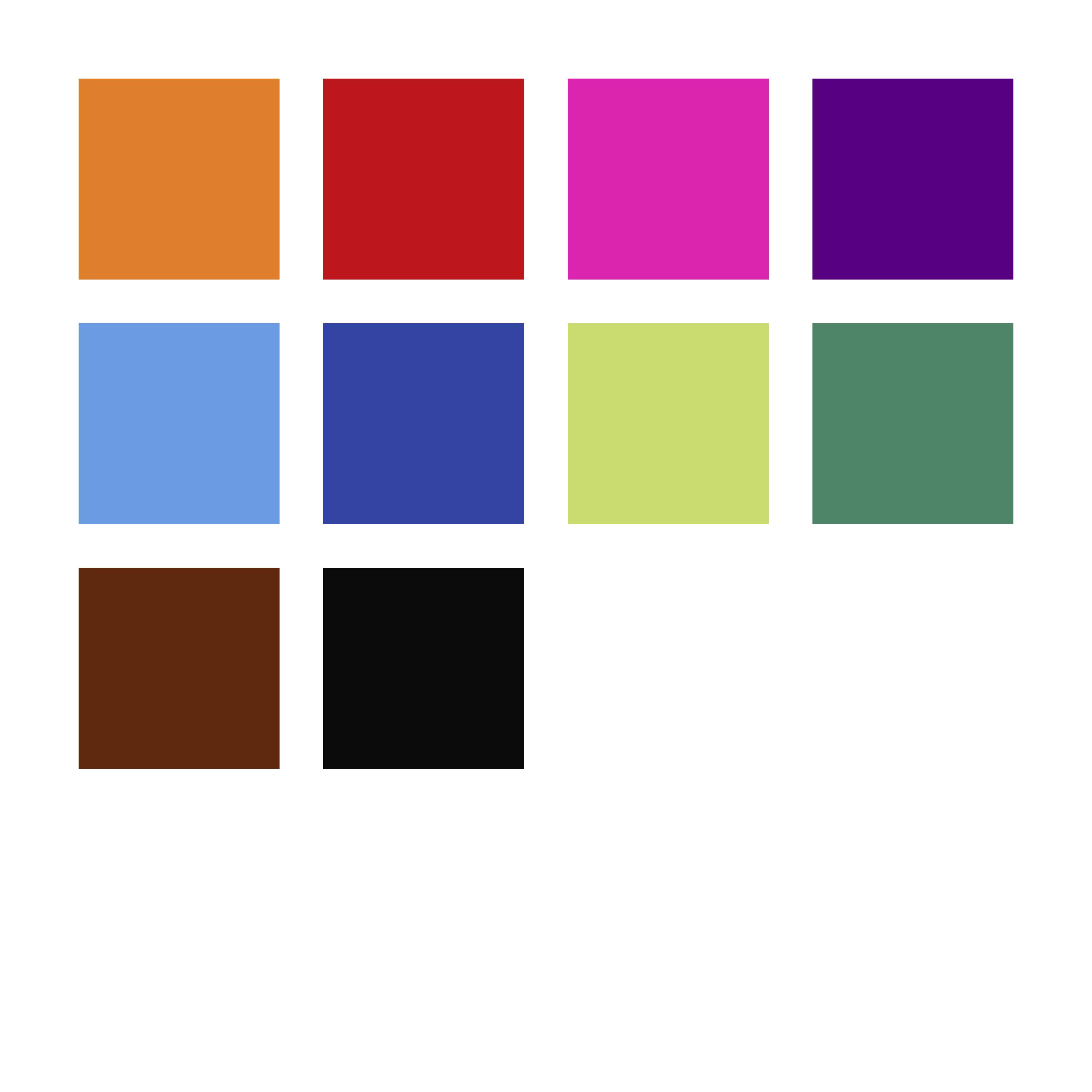 Ein Raster aus zwölf bunten Quadraten in drei Reihen und vier Spalten, jede mit einer anderen Farbe, darunter Orange, Rot, Pink, Violett, Blau und Grün.