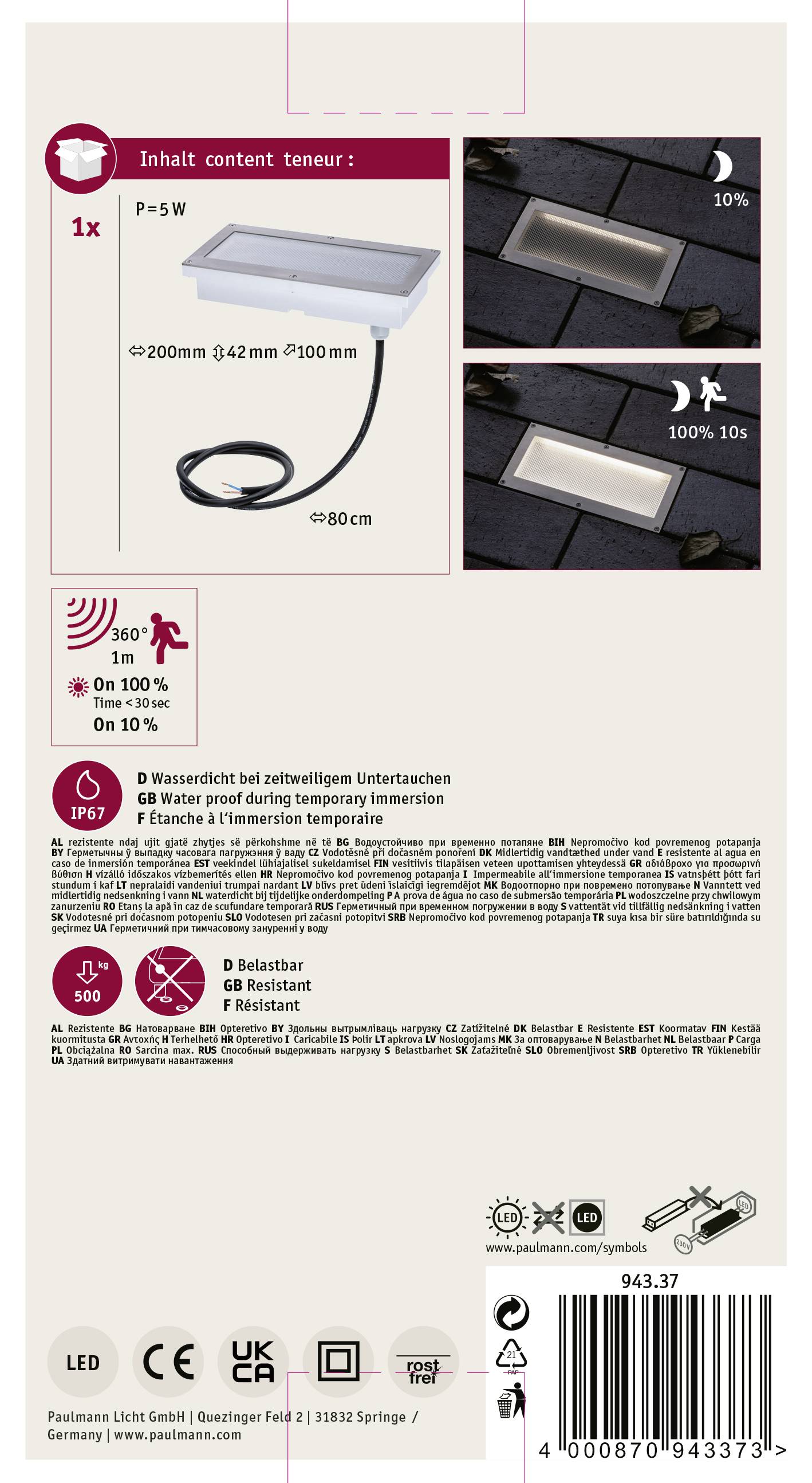 Paulmann 94337 Bodeneinbauleuchte LED fest eingebaut LED 5W Aluminium, Grau