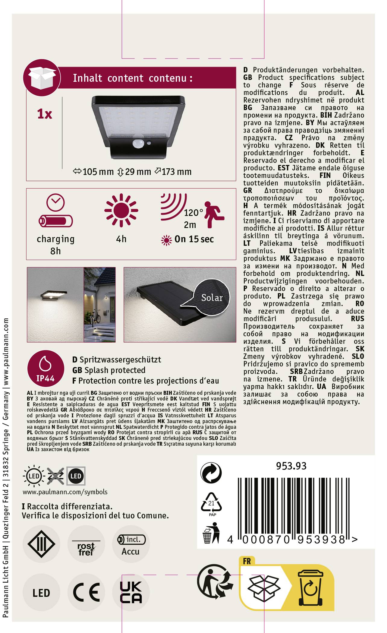 Paulmann 95393 Solveig Solar-Wandlampe 4 W Warmweiß Schwarz