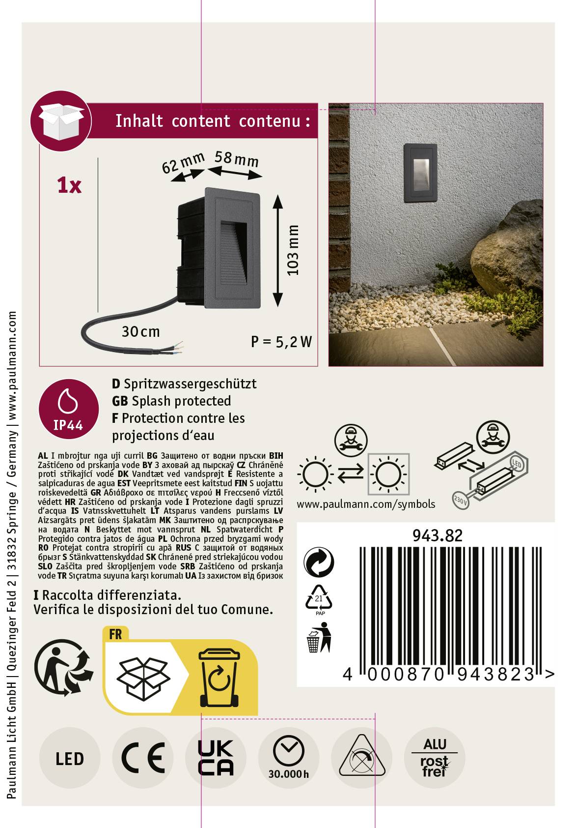 Paulmann 94382 Wandeinbauleuchte LED fest eingebaut LED Schwarz