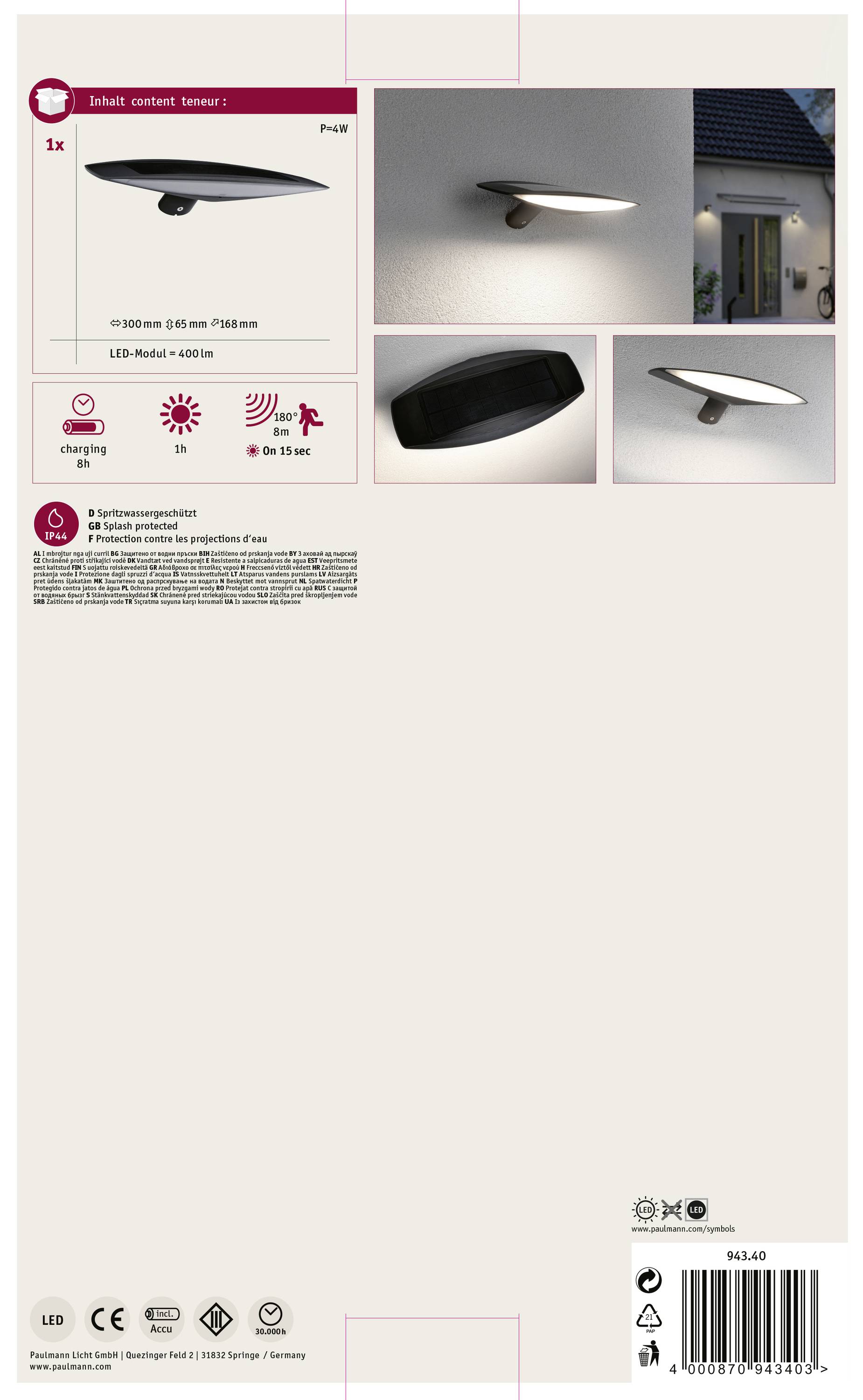 Paulmann 94340 Kiran Solar-Wandlampe Warmweiß Anthrazit