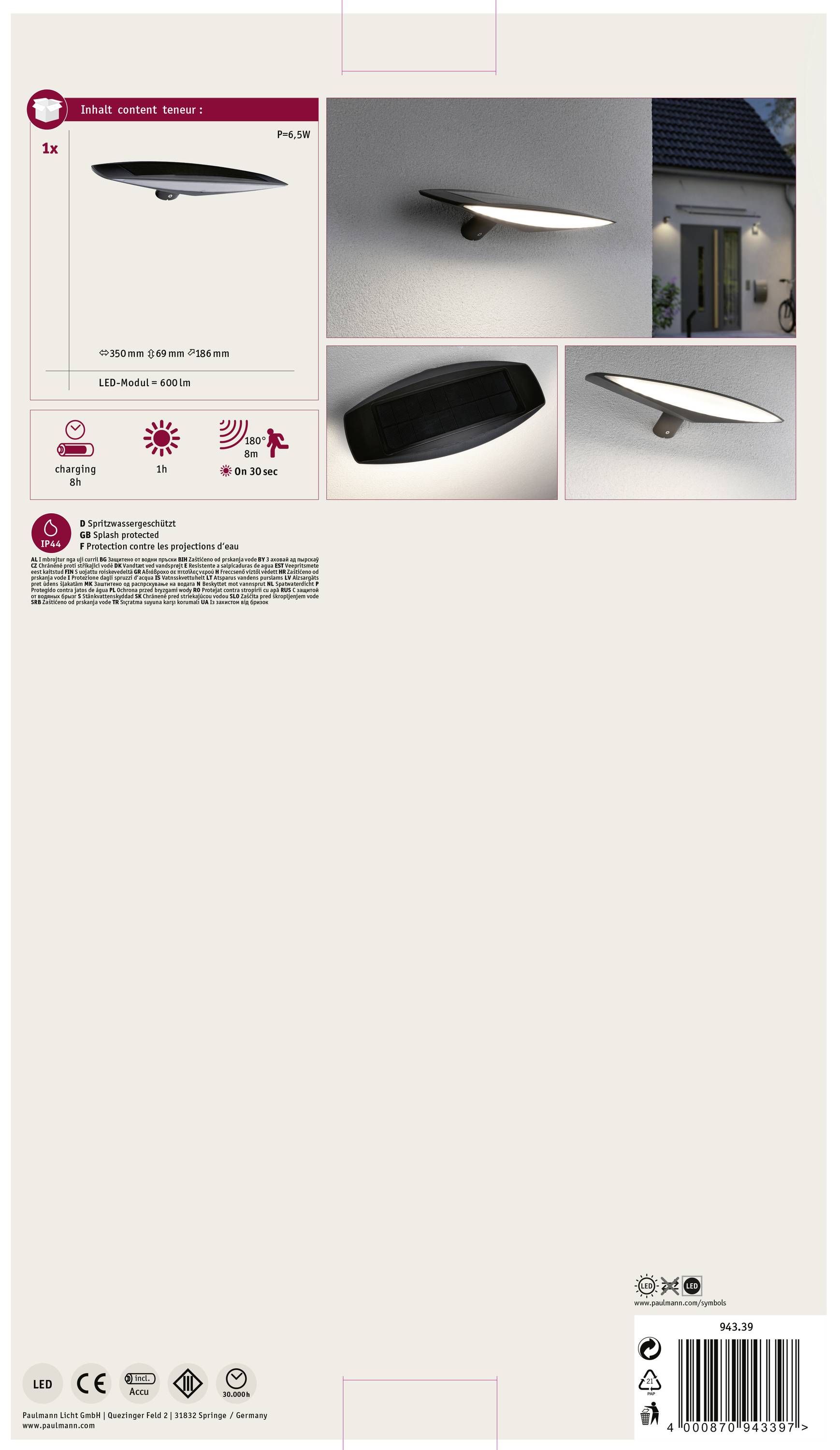 Paulmann 94339 Kiran Solar-Wandlampe Warmweiß Anthrazit