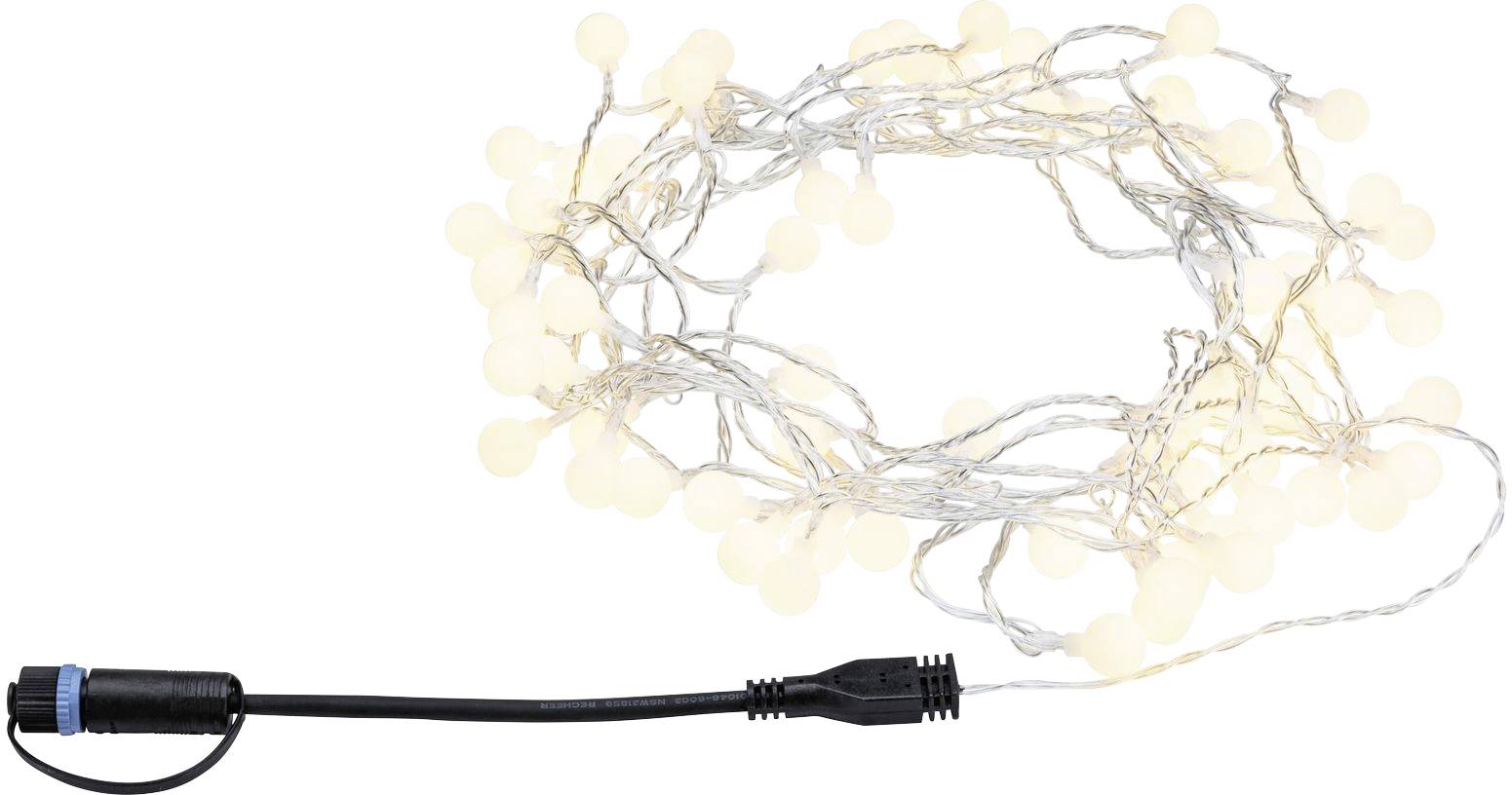 Eine Lichterkette mit kleinen, kugelförmigen LEDs und einem schwarzen Verbindungskabel.
