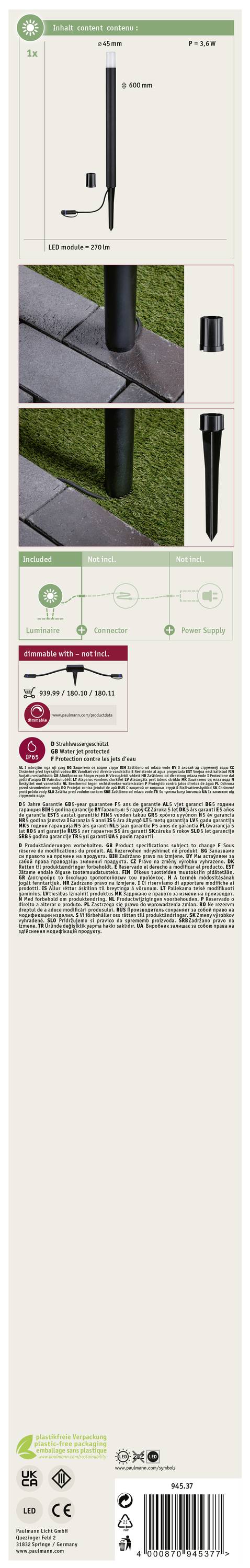 Paulmann 94537 LED-Pollerleuchte LED 3W Anthrazit