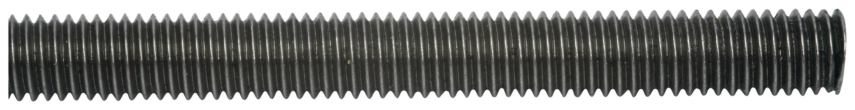 Eine lange, schwarze, durchgehende Gewindestange mit gleichmäßig verlaufenden Gewindegängen, horizontale Ausrichtung.