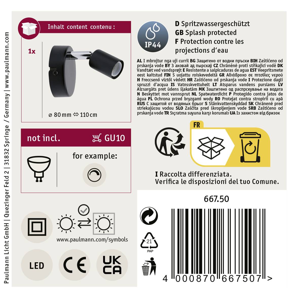 Paulmann Carolina 66750 Wandstrahler GU10 10W Anthrazit, Chrom