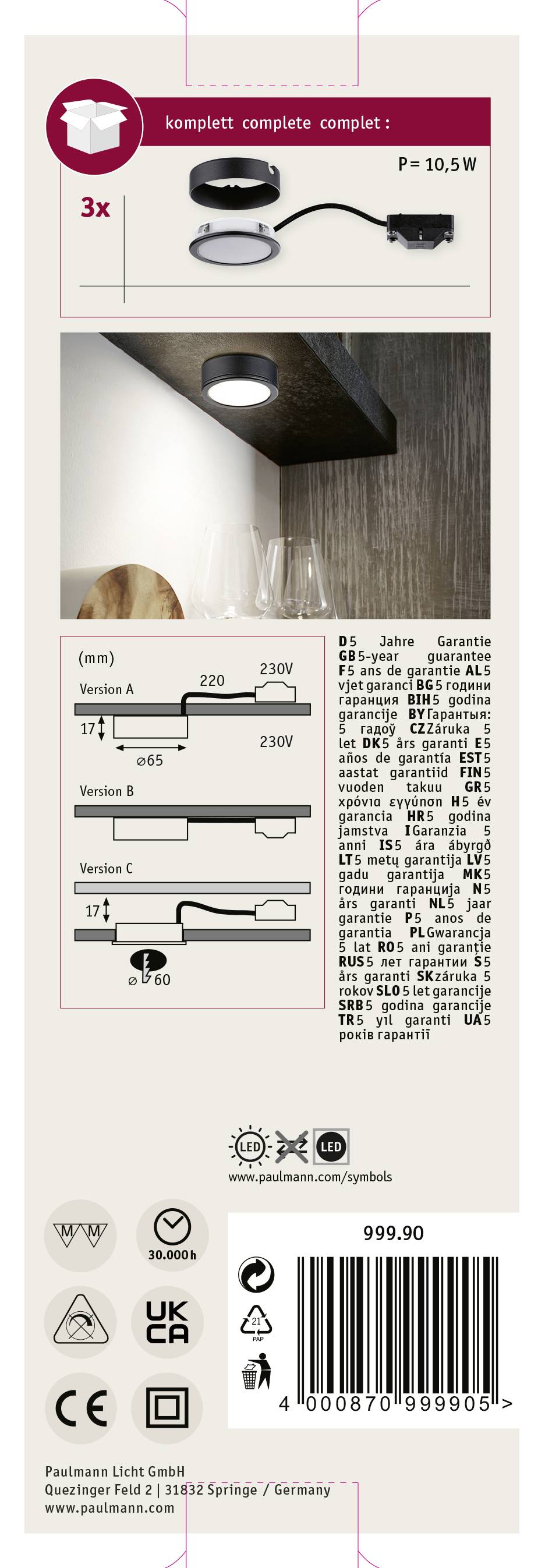 Paulmann LED-Schrankleuchte LED LED fest eingebaut 9W Warmweiß Schwarz