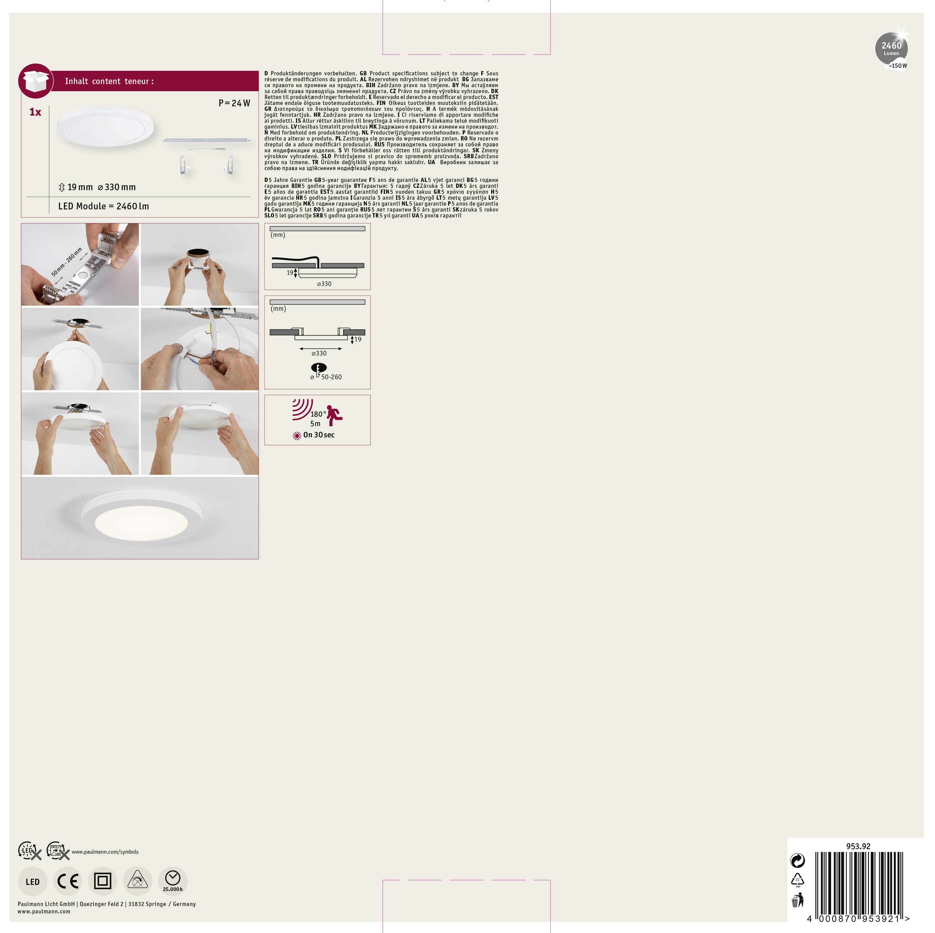 'LED-Deckeneinbauleuchte 204610' Installation: 1. Entfernen. 2. Anschließen. 3. Einsetzen. Runde Leuchte: Ø 230 mm, Deckenausschnitt Ø 205 mm. Energiesymbol: A++.