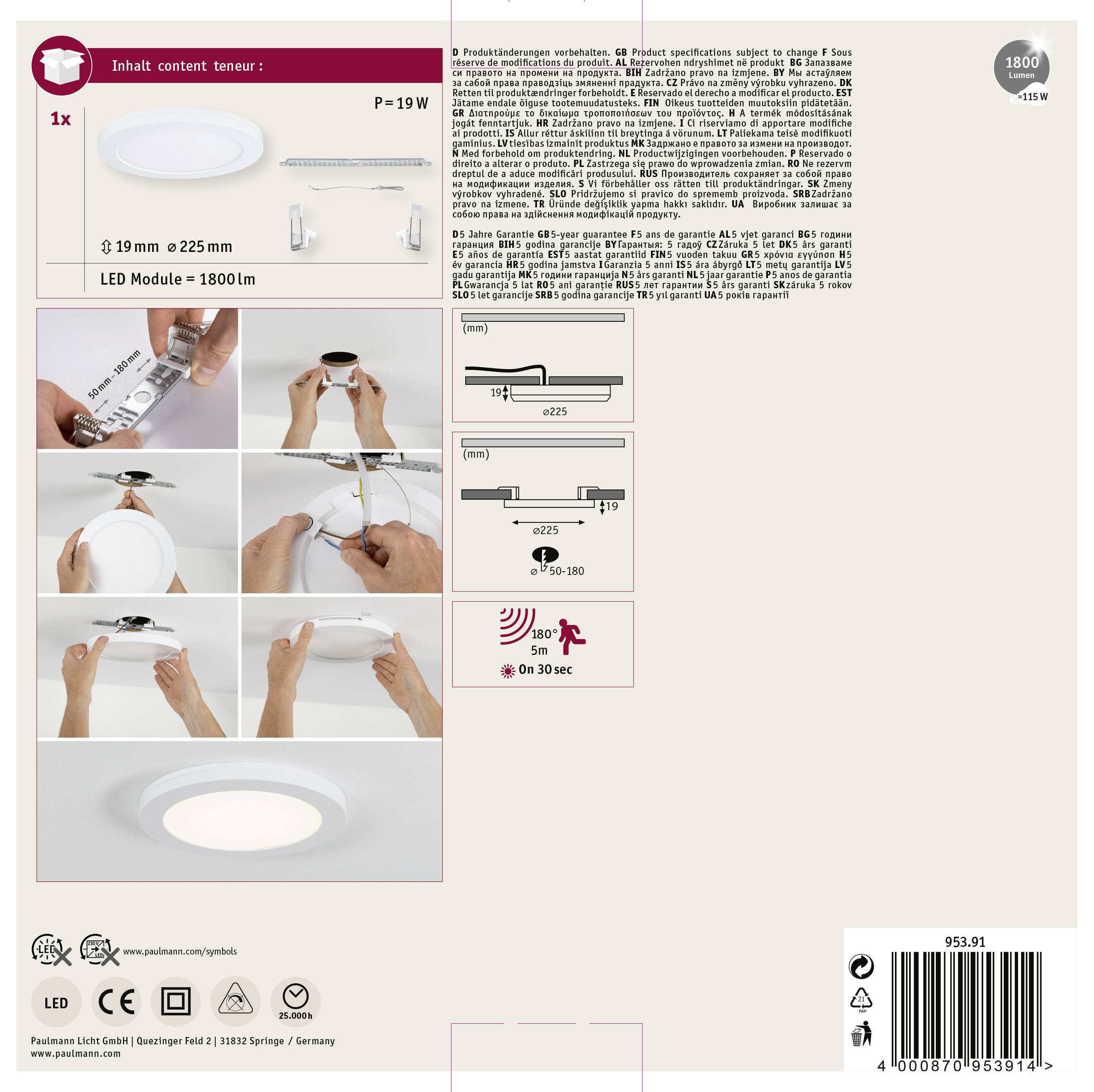 Paulmann 95391 Cover-it LED-Einbaupanel LED 16.5W Weiß