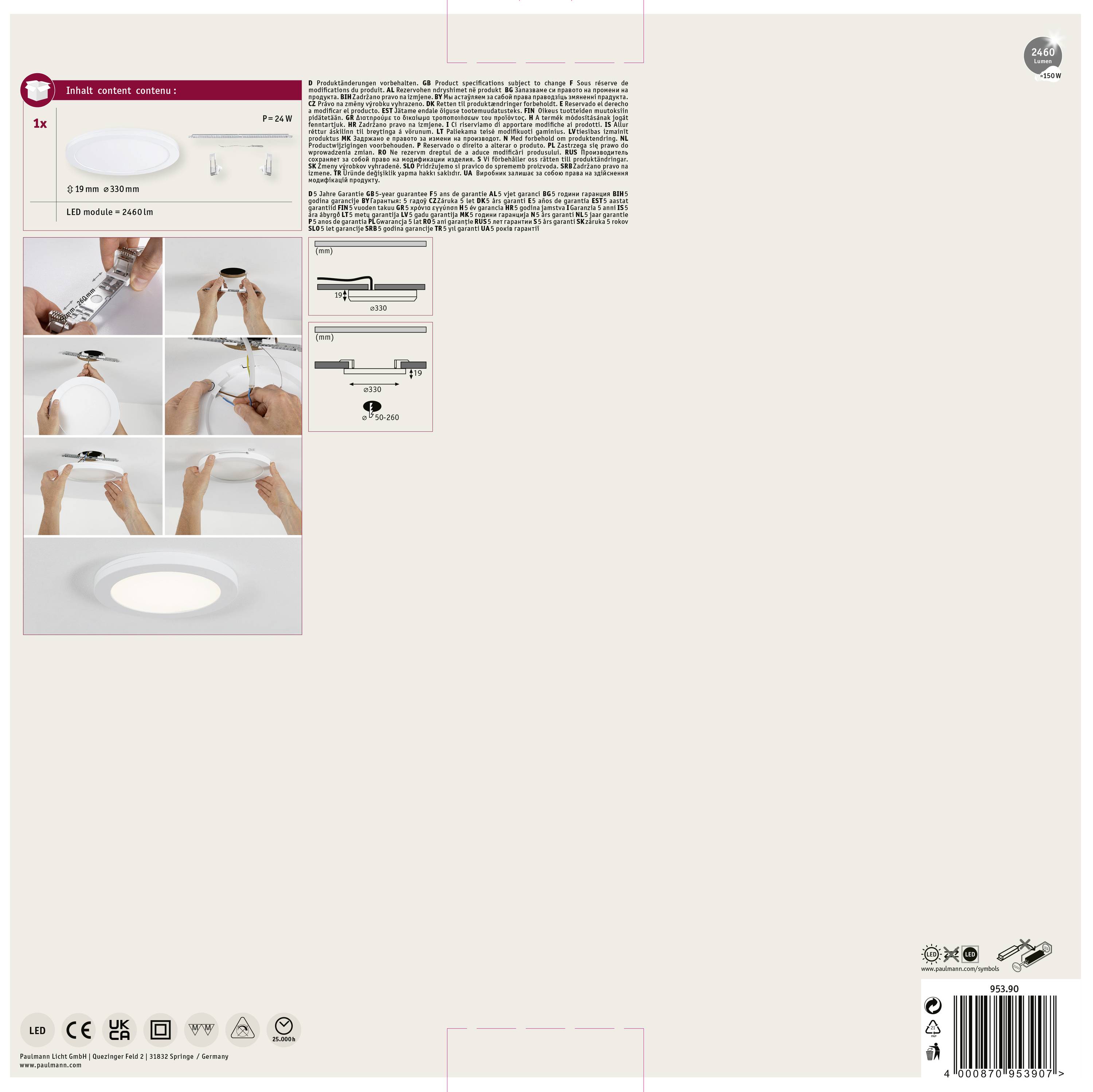 Paulmann 95390 Cover-it LED-Einbaupanel LED 22W Weiß