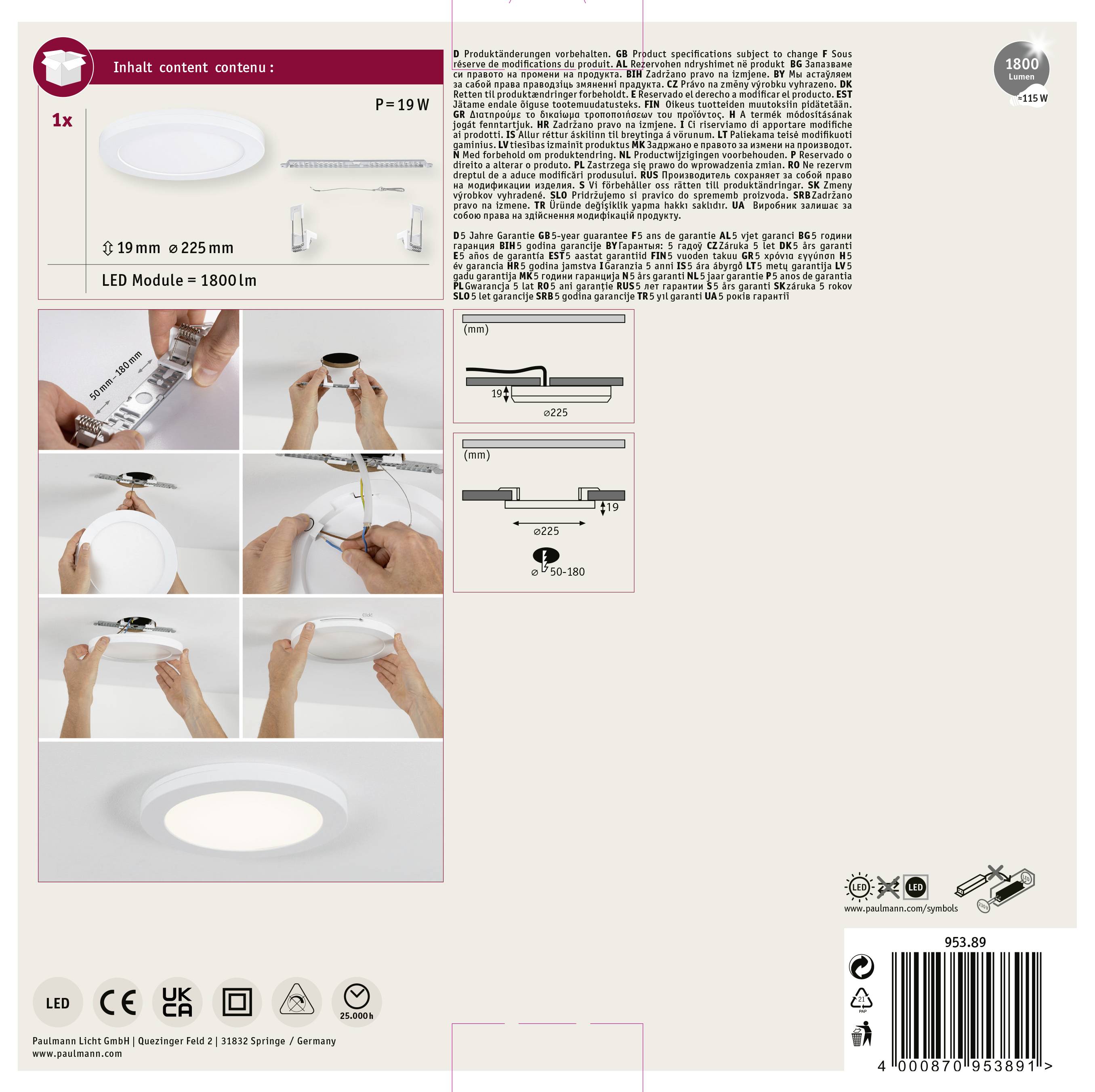 Paulmann 95389 Cover-it LED-Einbaupanel LED 16.5W Weiß