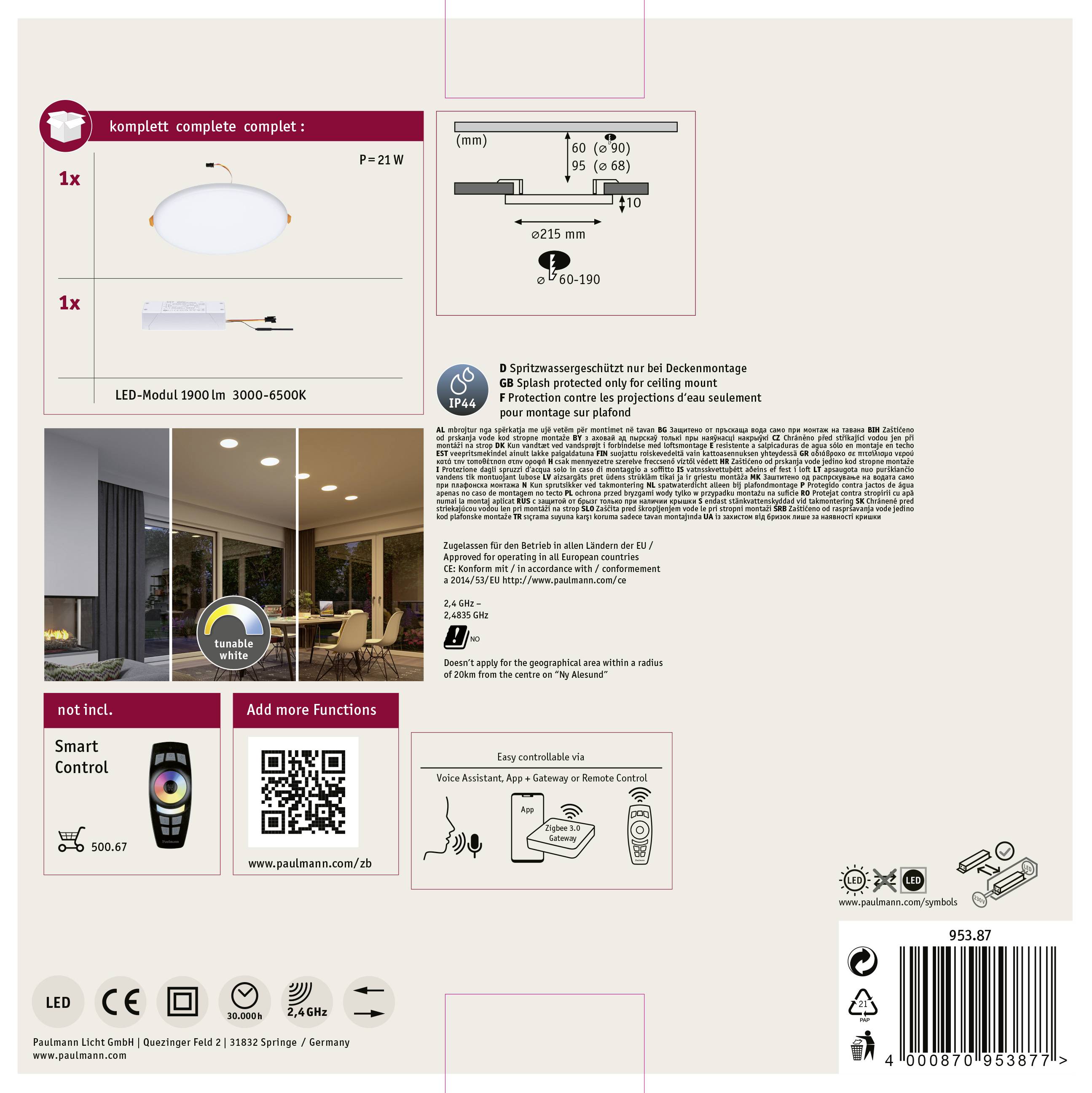 Paulmann 95387 Veluna VariFit LED-Einbaupanel LED 17W Satin