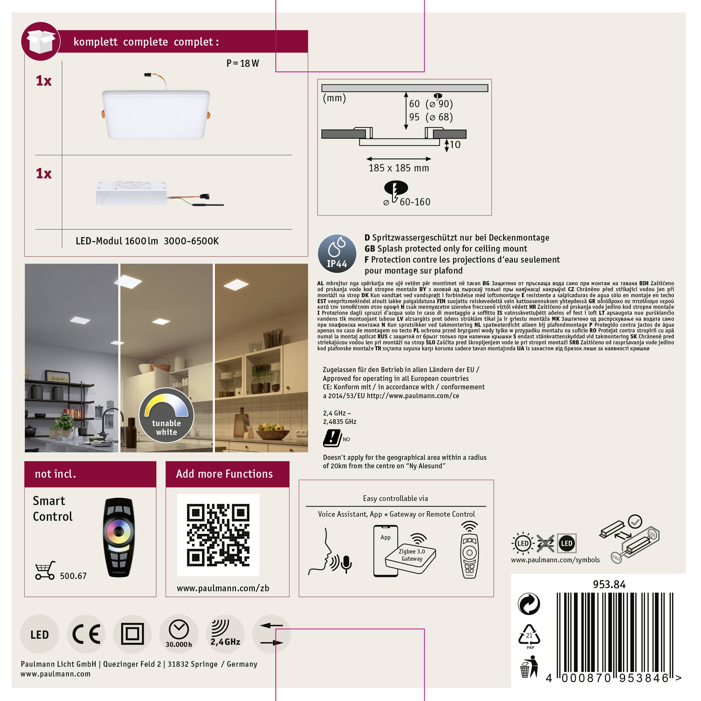Paulmann 95384 Veluna VariFit LED-Einbaupanel LED 15W Satin