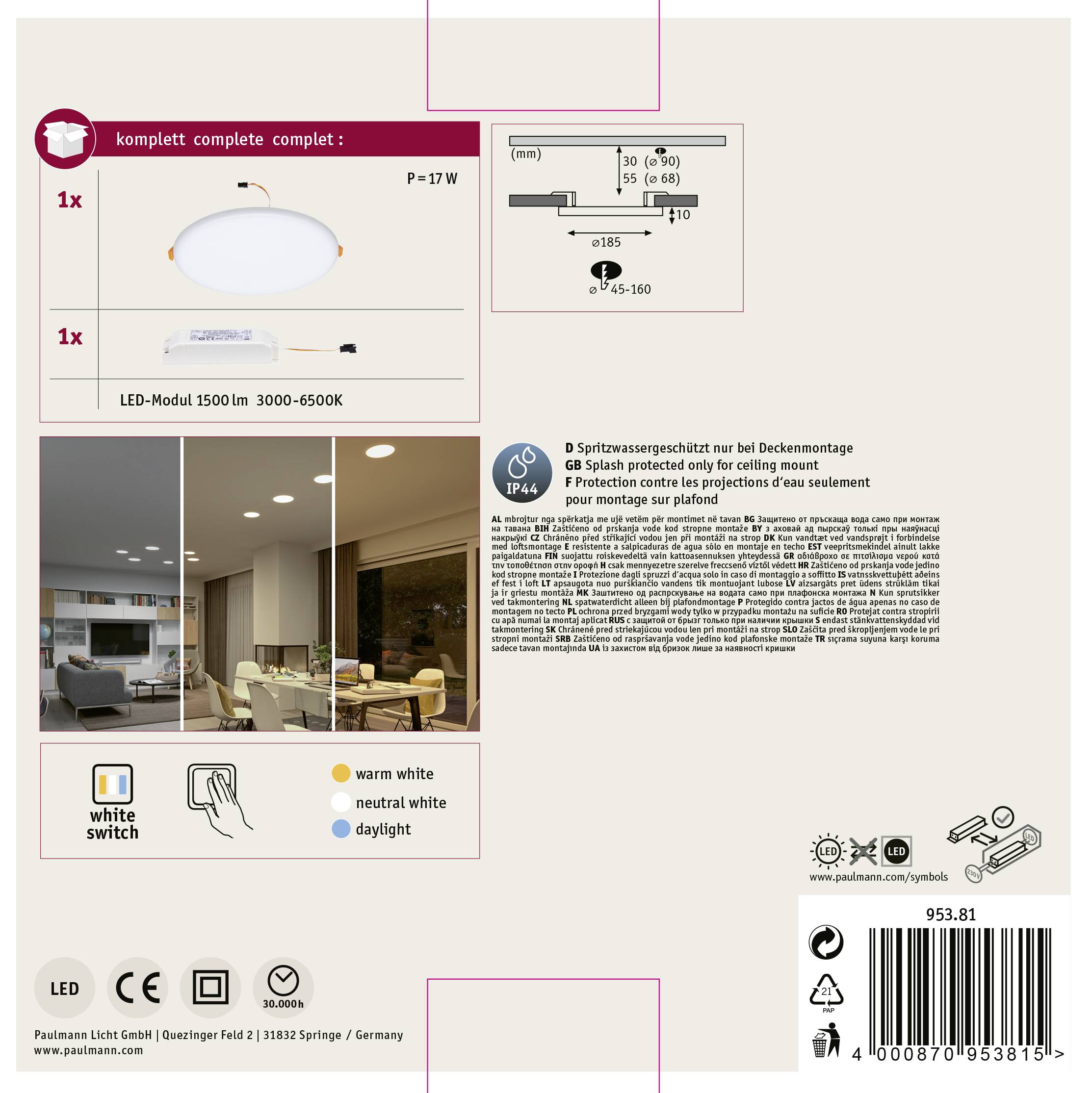 Paulmann 95381 Veluna VariFit LED-Einbaupanel LED 14W Transparent