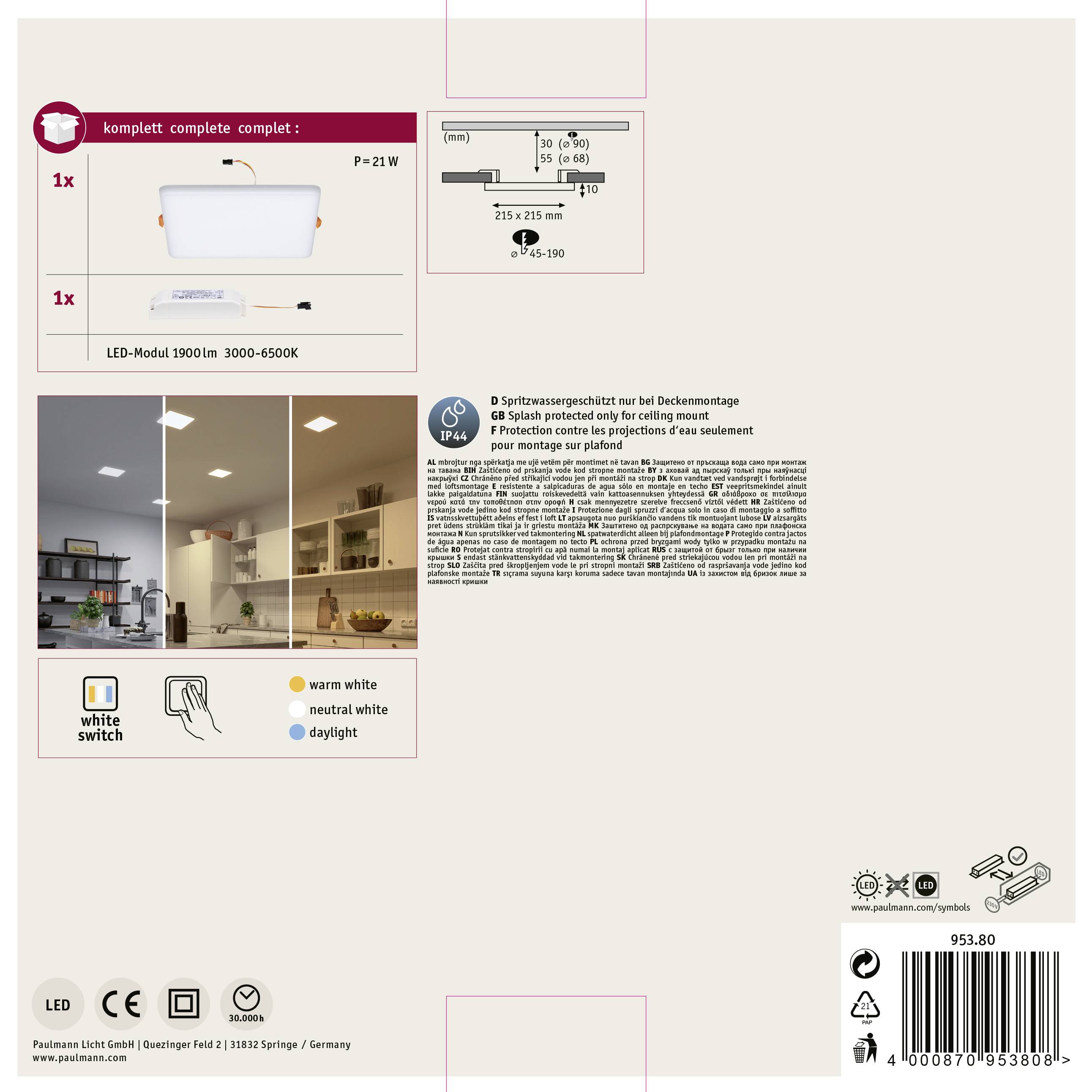 Paulmann 95380 Veluna VariFit LED-Einbaupanel LED 17W Transparent