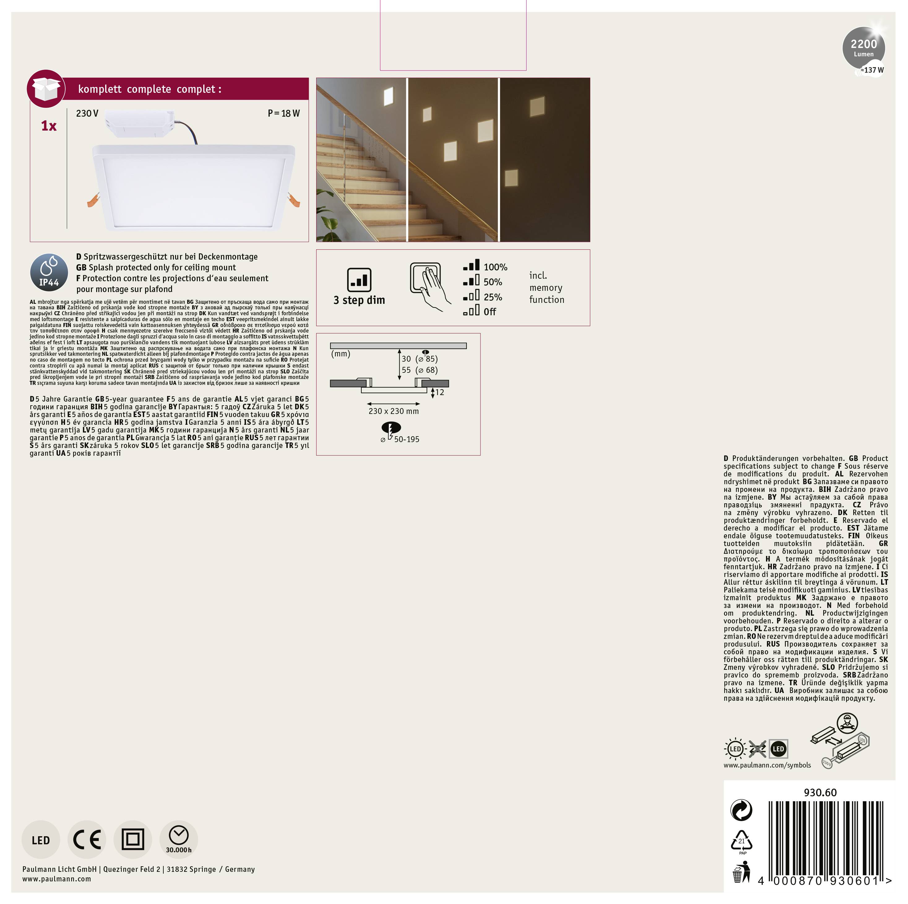 Paulmann 93060 AREO VariFit LED-Einbaupanel LED 16W Weiß