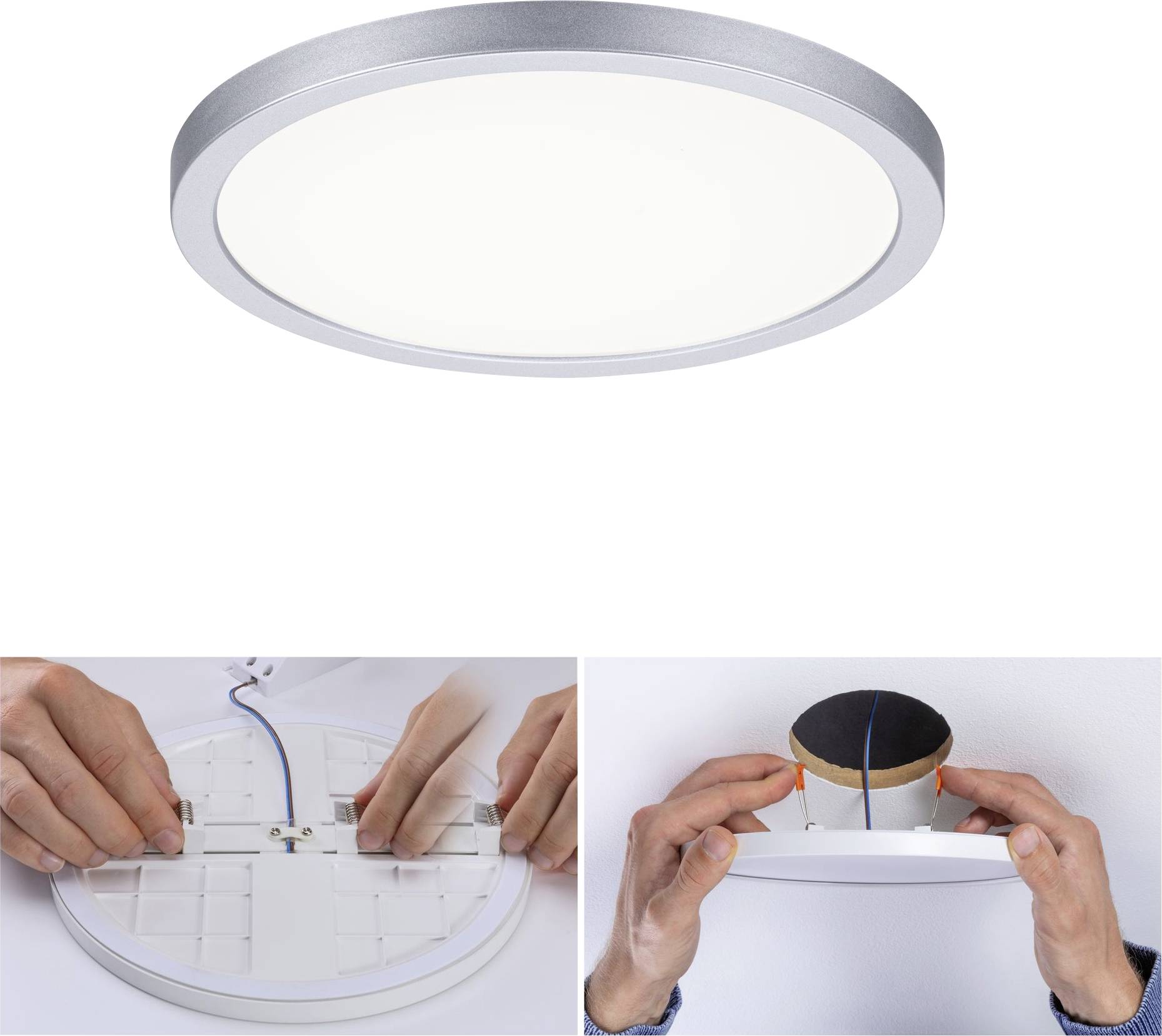 Runde LED-Deckenleuchte mit silbernem Rahmen. Unten: Hände installieren die Lampe von der Rückseite und montieren sie an die Decke.