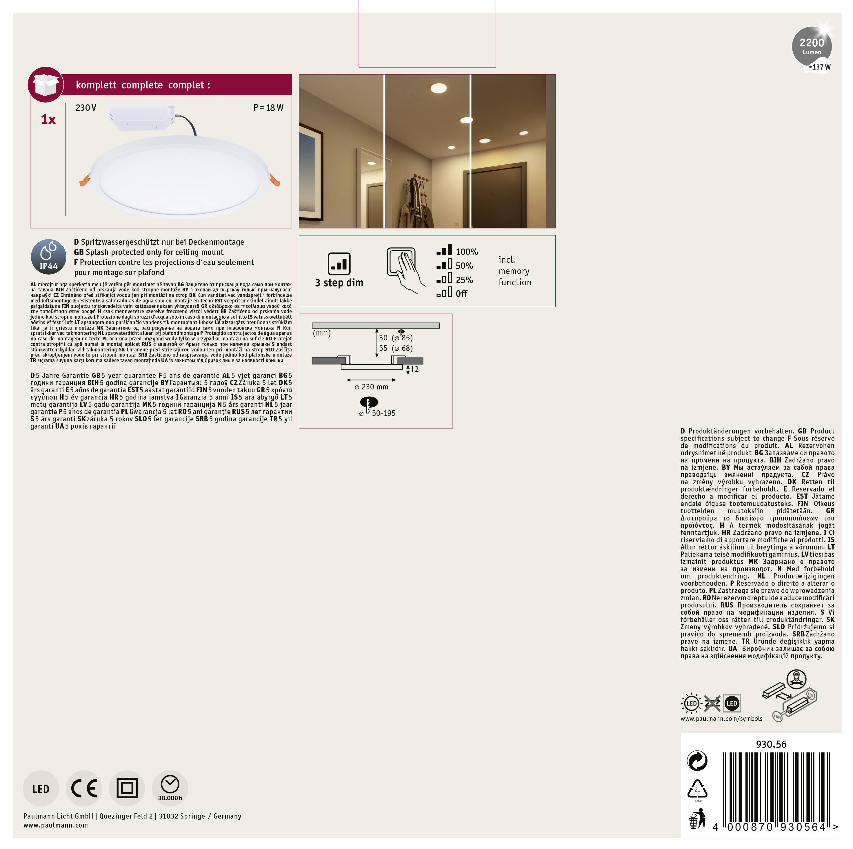 Die Verpackung zeigt eine runde LED-Deckenleuchte, 230V, 18W, mit einstellbarer Helligkeit in 3 Stufen. Illustration eines Flurs.