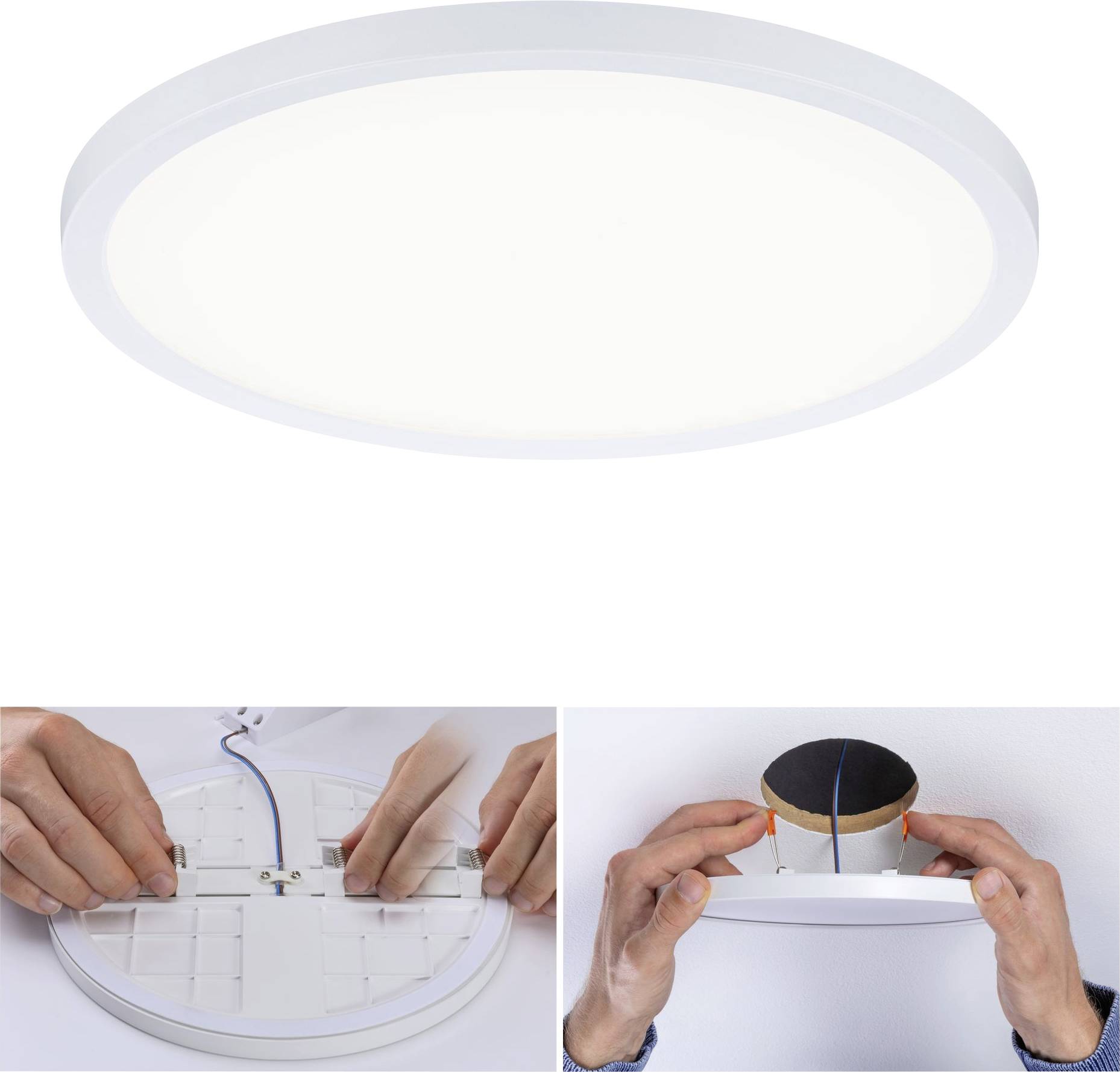 Runde LED-Deckenleuchte in Weiß, leuchtend. Zwei Bilder zeigen Hände bei der Montage: Elektrik anschließen, Deckenbefestigung.