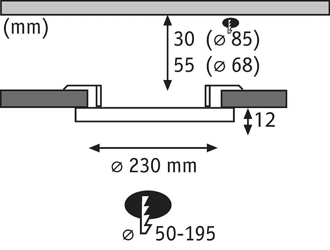 Montageanleitung: Deckenbohrung mit Durchmesser 68-85 mm, Einbauhöhe 12 mm, Gesamtdurchmesser 230 mm, Kabeleingang 50-195 mm.