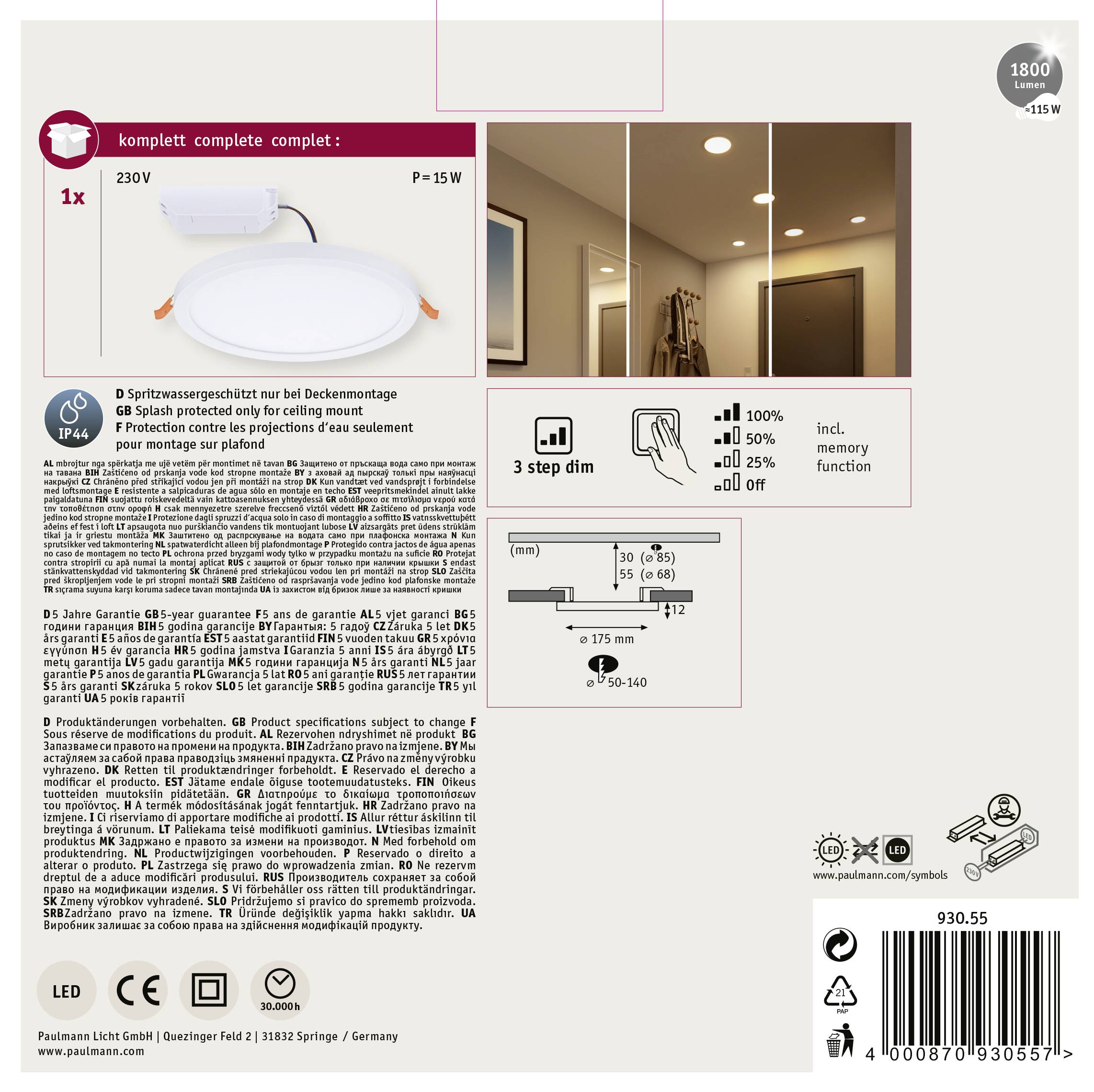 Paulmann 93055 AREO VariFit LED-Einbaupanel LED 13W Weiß