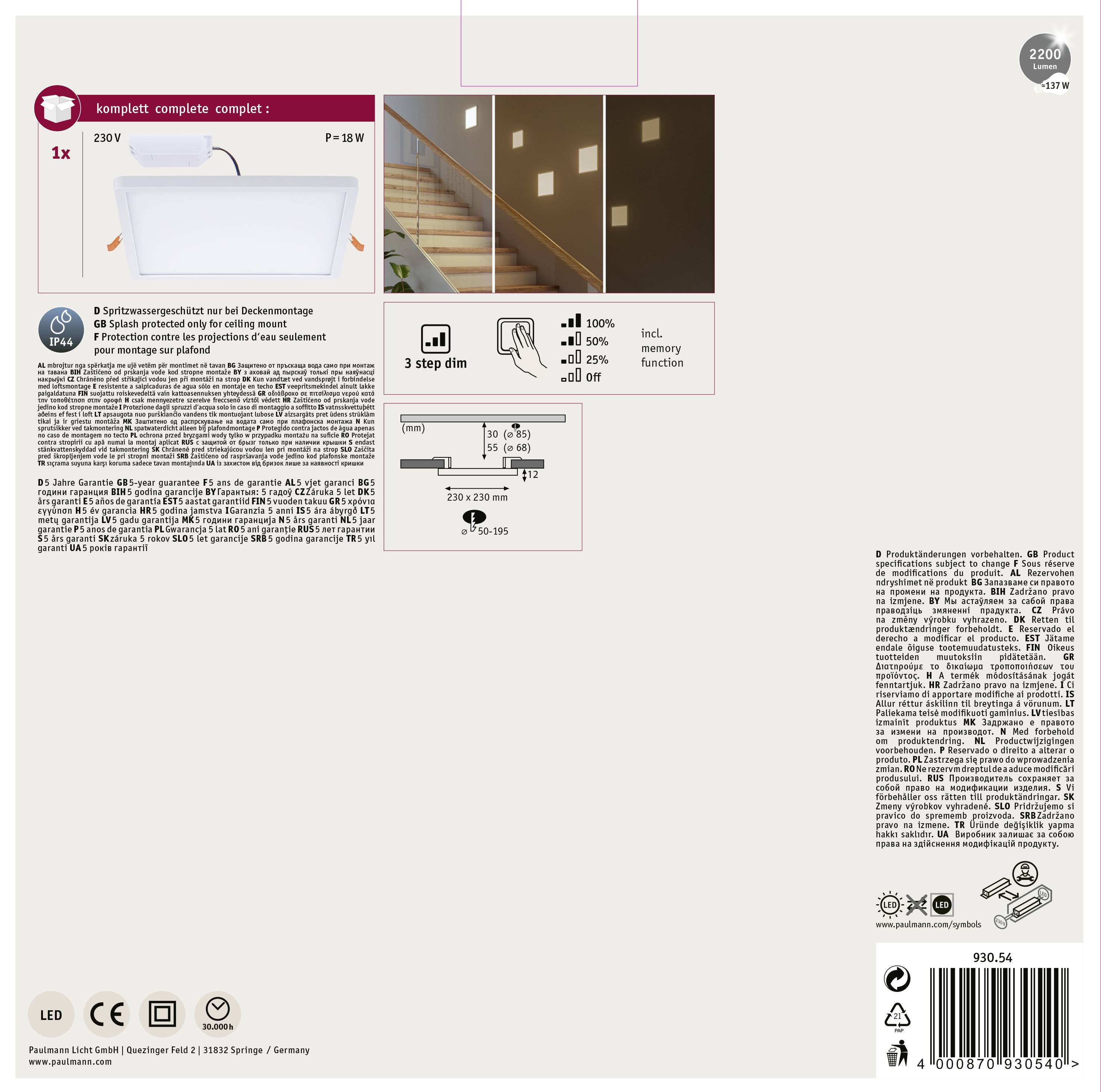 Paulmann 93054 AREO VariFit LED-Einbaupanel LED 16W Weiß