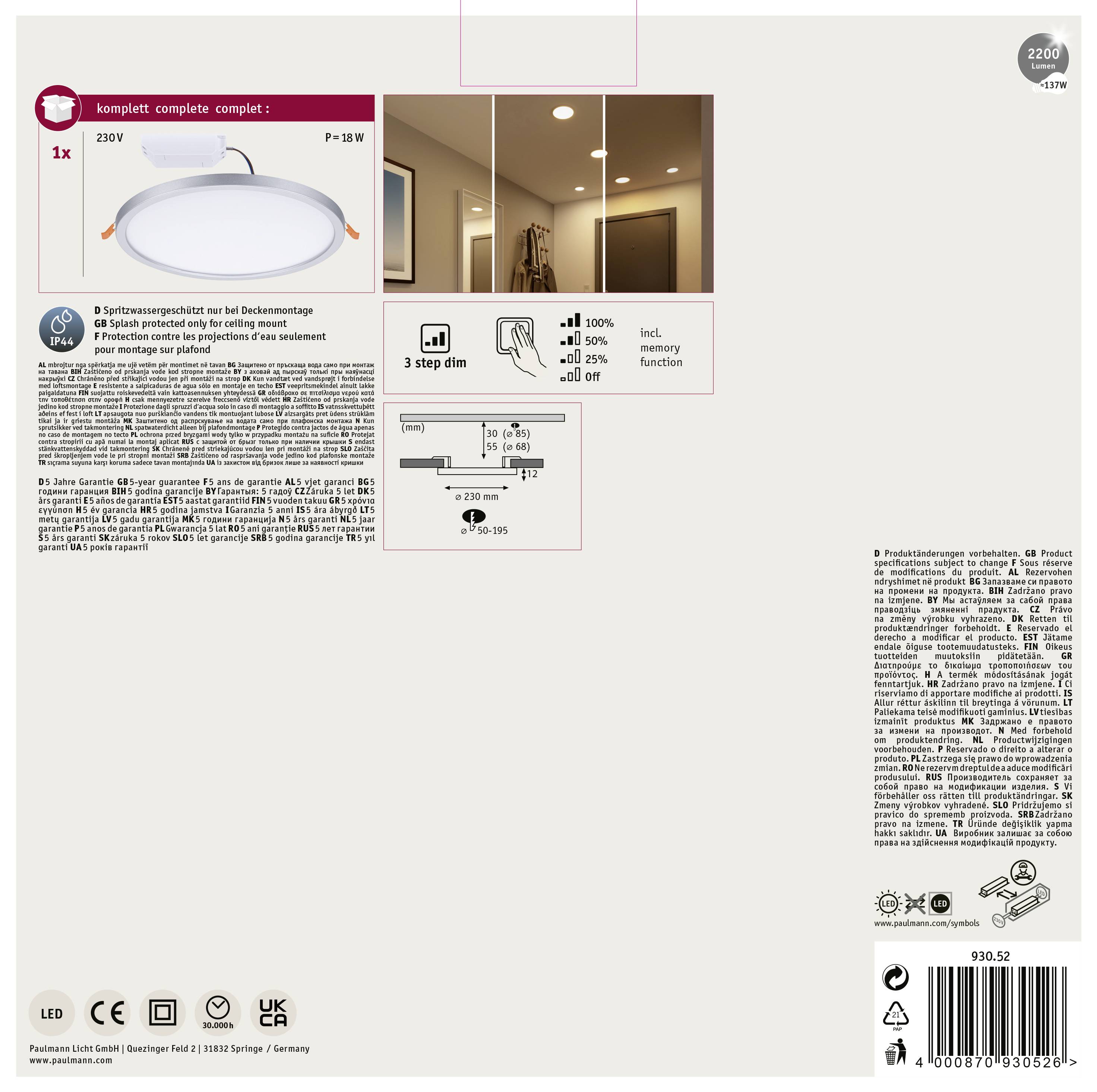 LED-Deckenleuchte-Set, 18W, dreifach dimmbar, 220V, inklusive Installationszubehör, geeignet für Flure und Wohnzimmer.