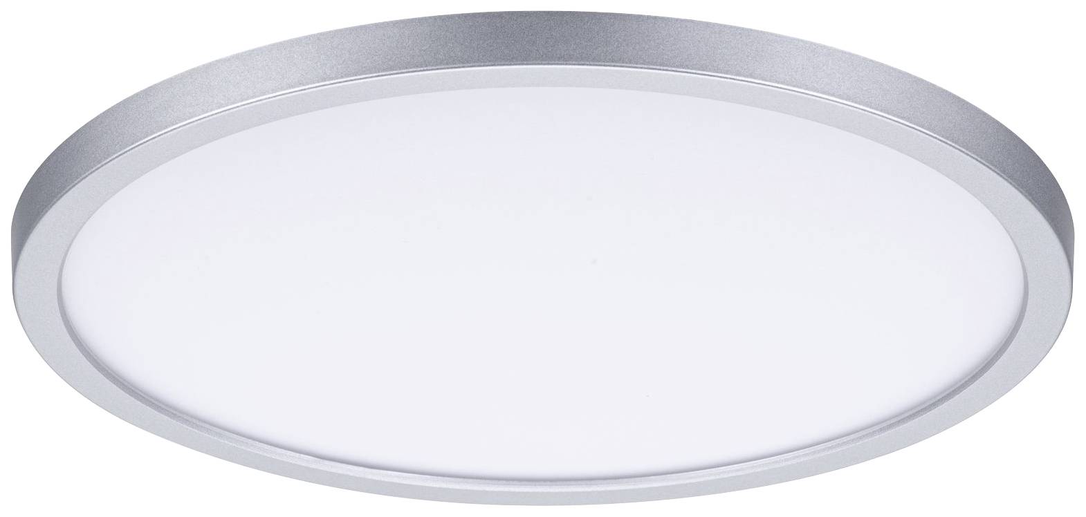 Runde, silberne Deckenlampe mit weißem Leuchtmittel, geeignet für dezente und gleichmäßige Raumbeleuchtung.