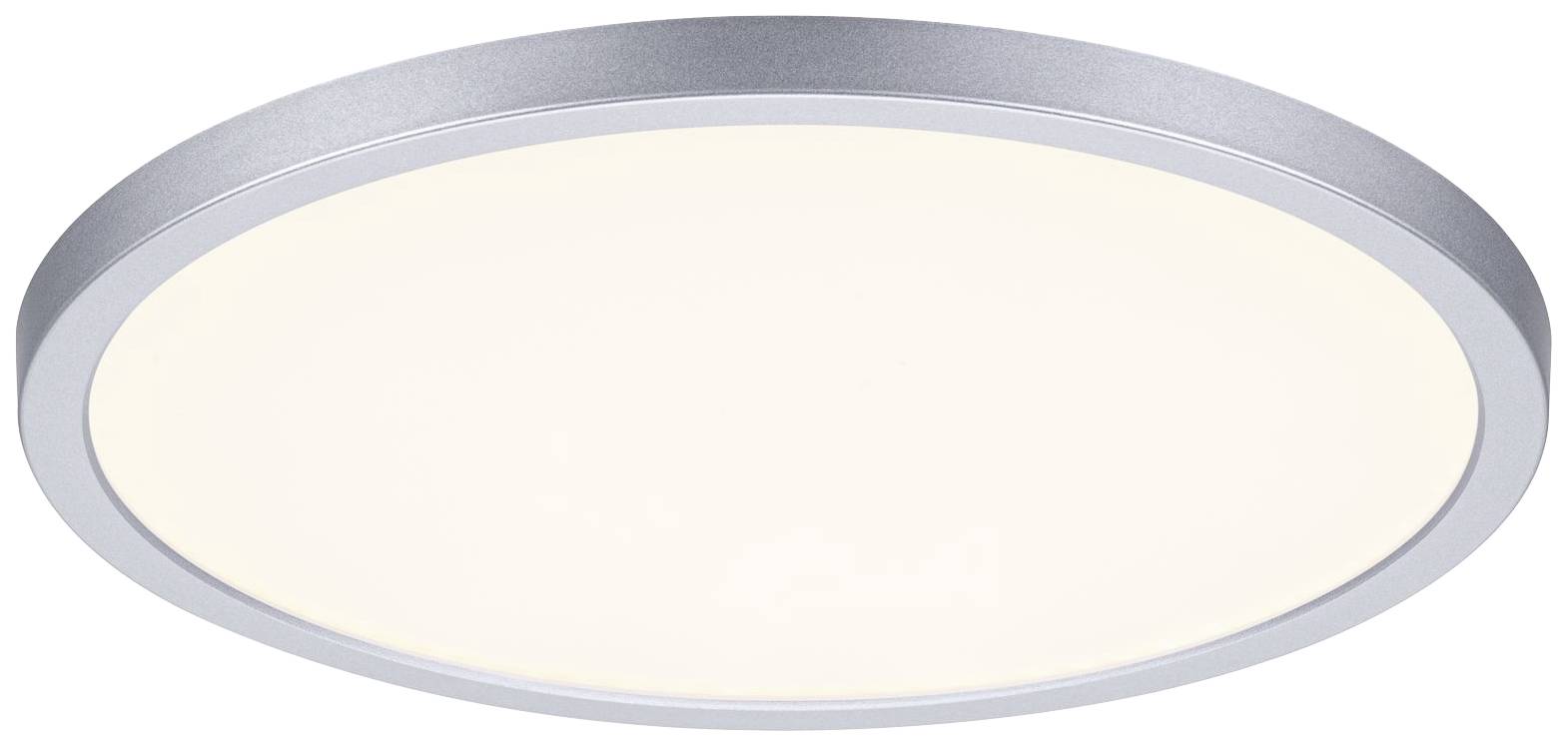 Runde Deckenleuchte mit silbernem Rahmen und diffusen, weißen Lichtaustritt. Einfaches Design, geeignet für moderne Innenräume.