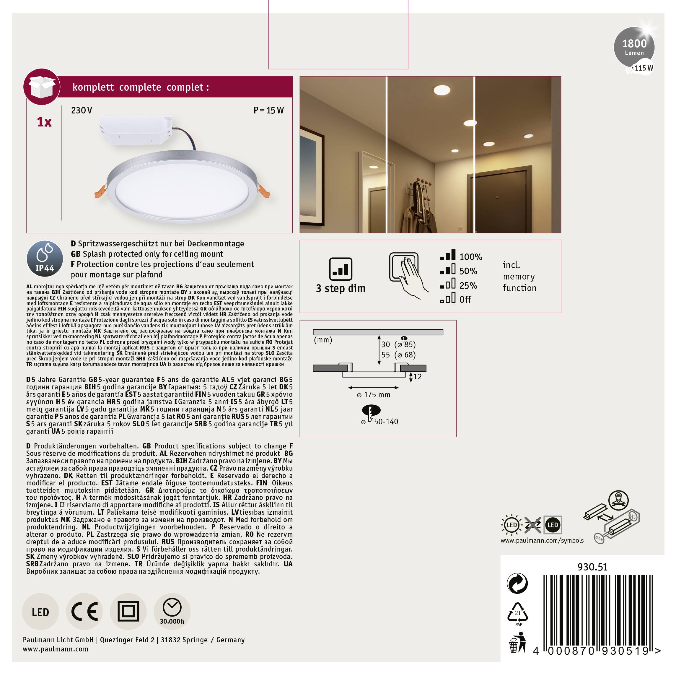Paulmann 93051 AREO VariFit LED-Einbaupanel LED 13W Chrom (matt)