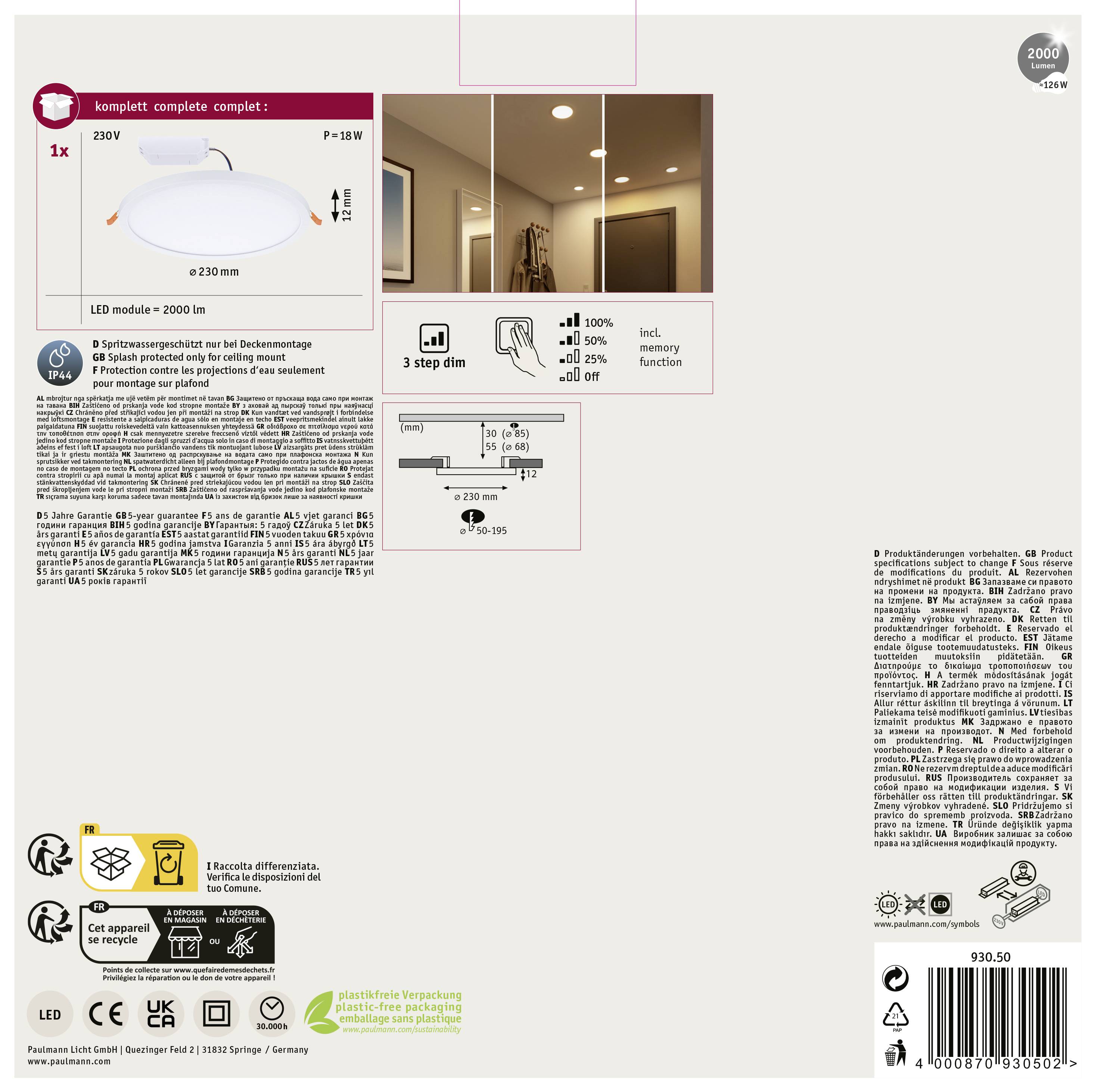 Paulmann 93050 AREO VariFit LED-Einbaupanel LED 16W Weiß