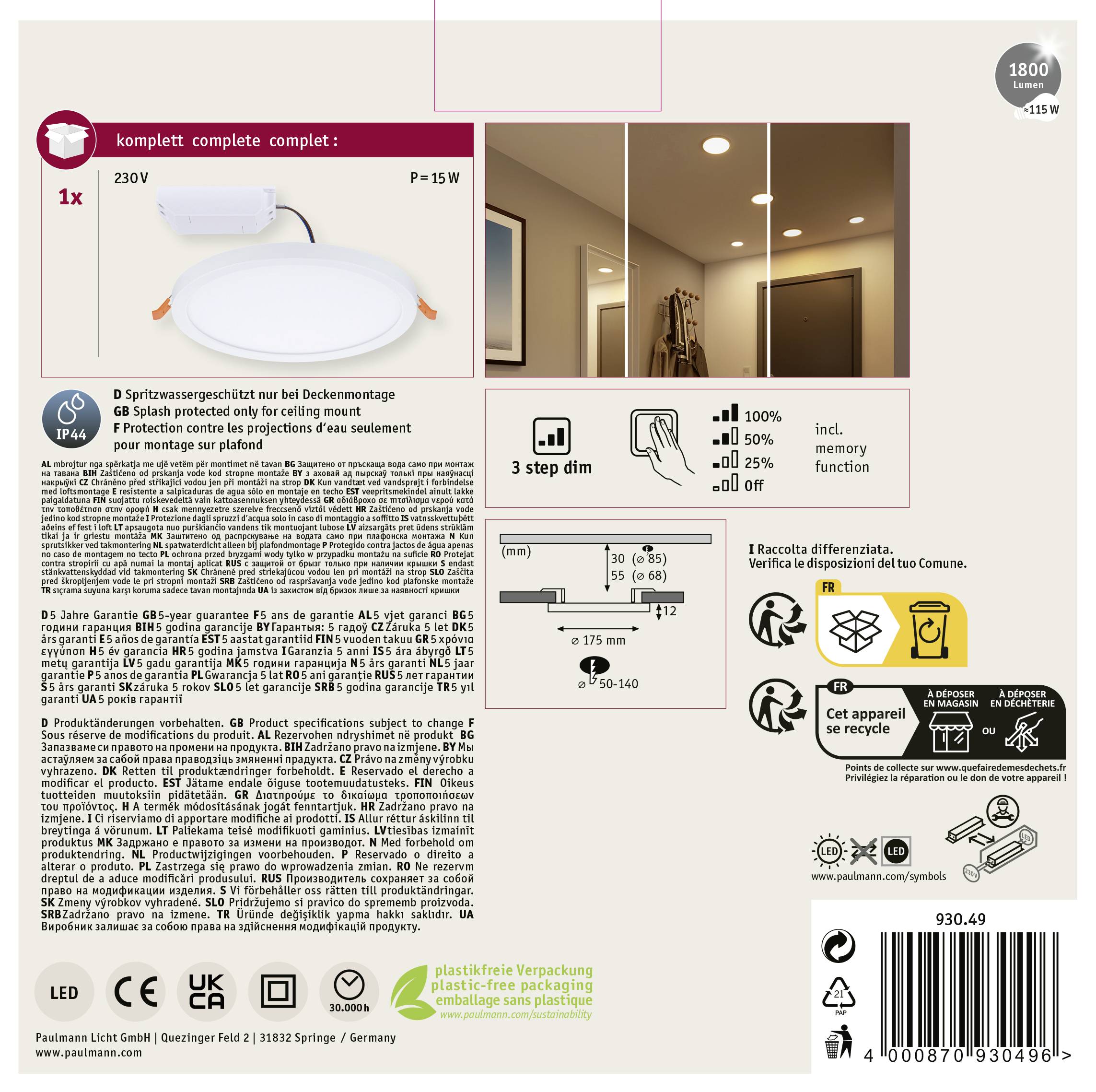 Verpackung einer LED-Deckenlampe. Hauptmerkmale: 15W, IP44, 230V. Enthält Montageanleitung und Abbildung der Lampe in einem Raum.