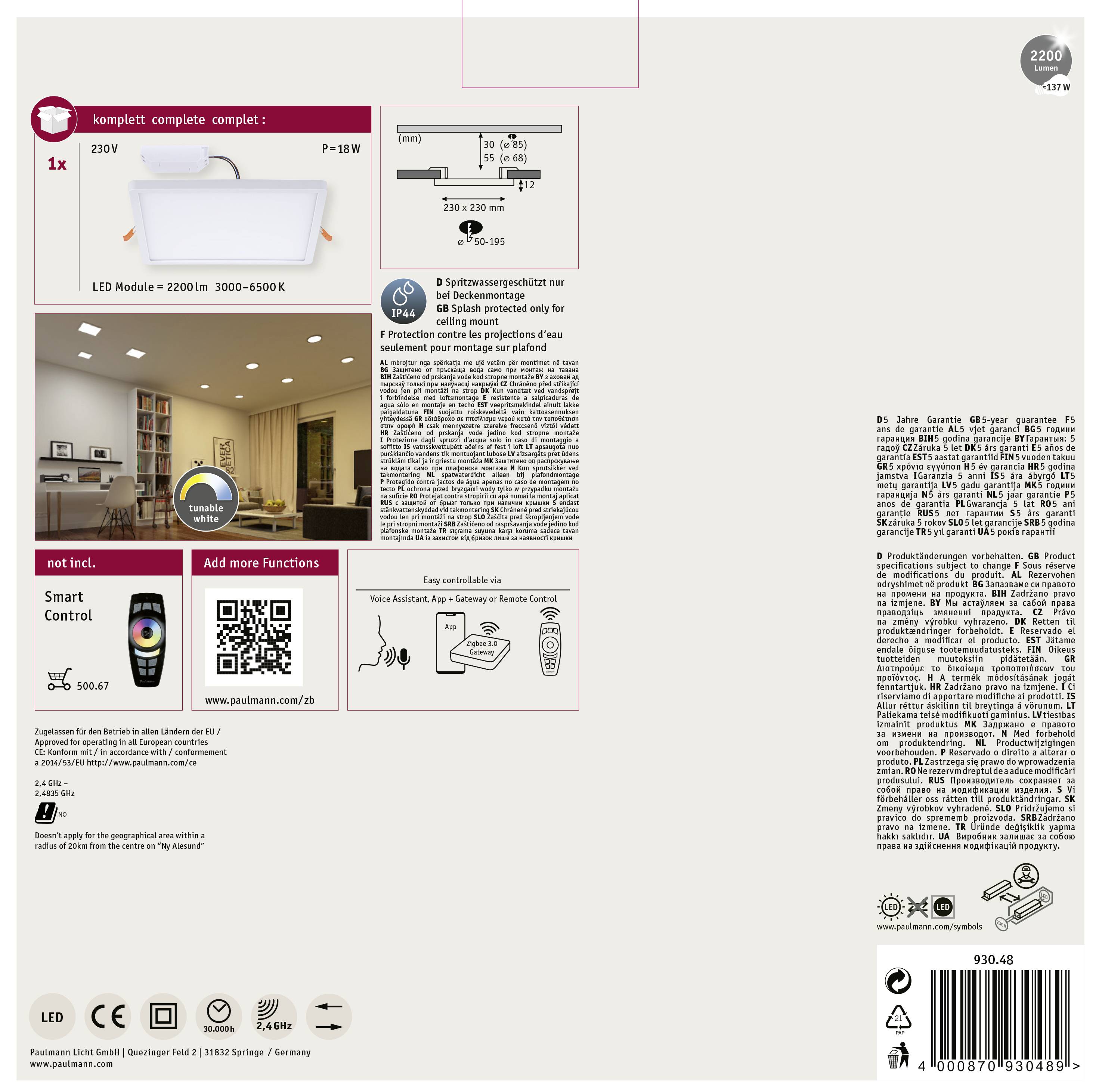 Paulmann 93048 AREO VariFit TuneW Zigbee LED-Einbaupanel LED 16W Weiß
