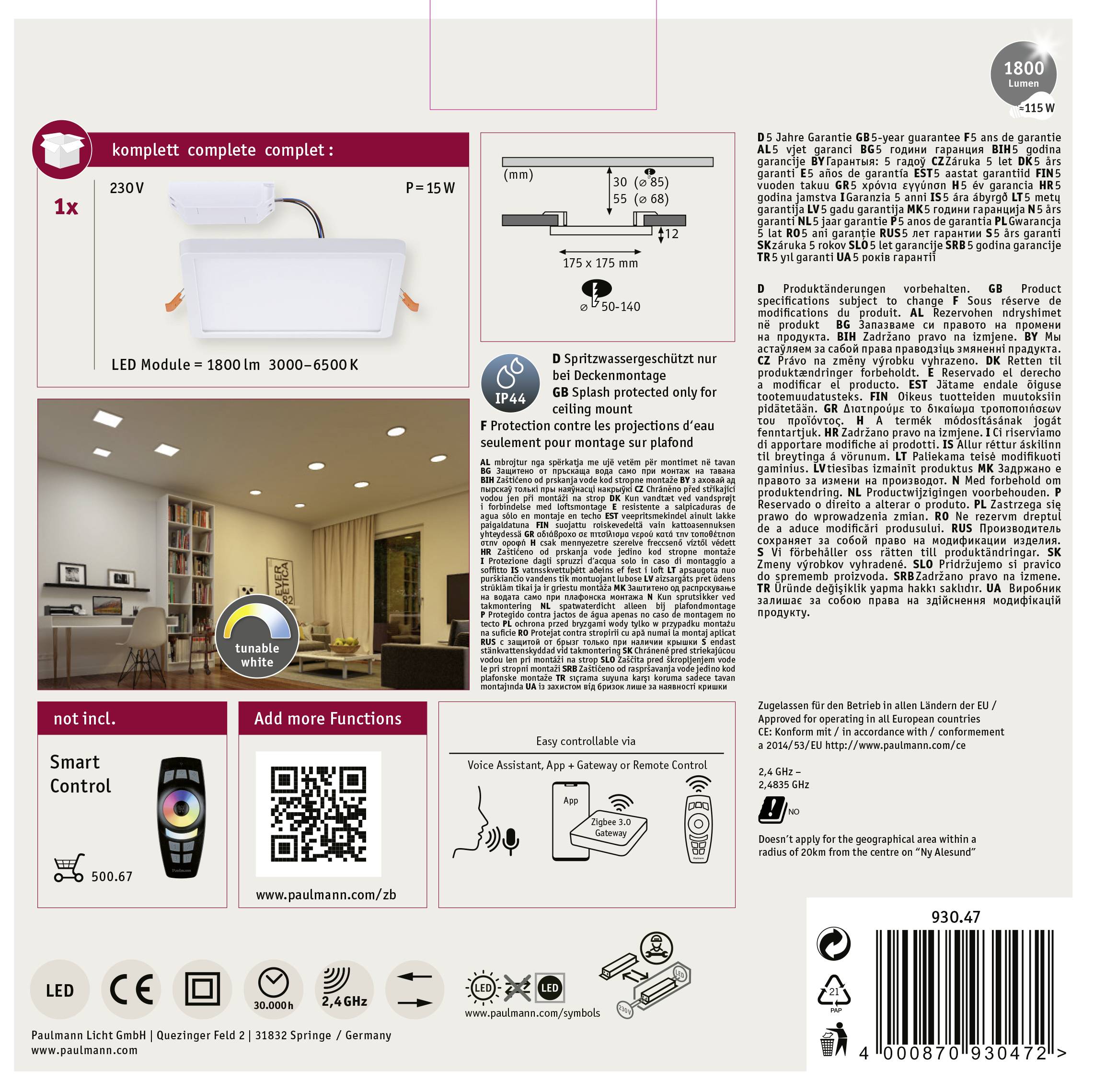 Paulmann 93047 AREO VariFit TuneW Zigbee LED-Einbaupanel LED 13W Weiß