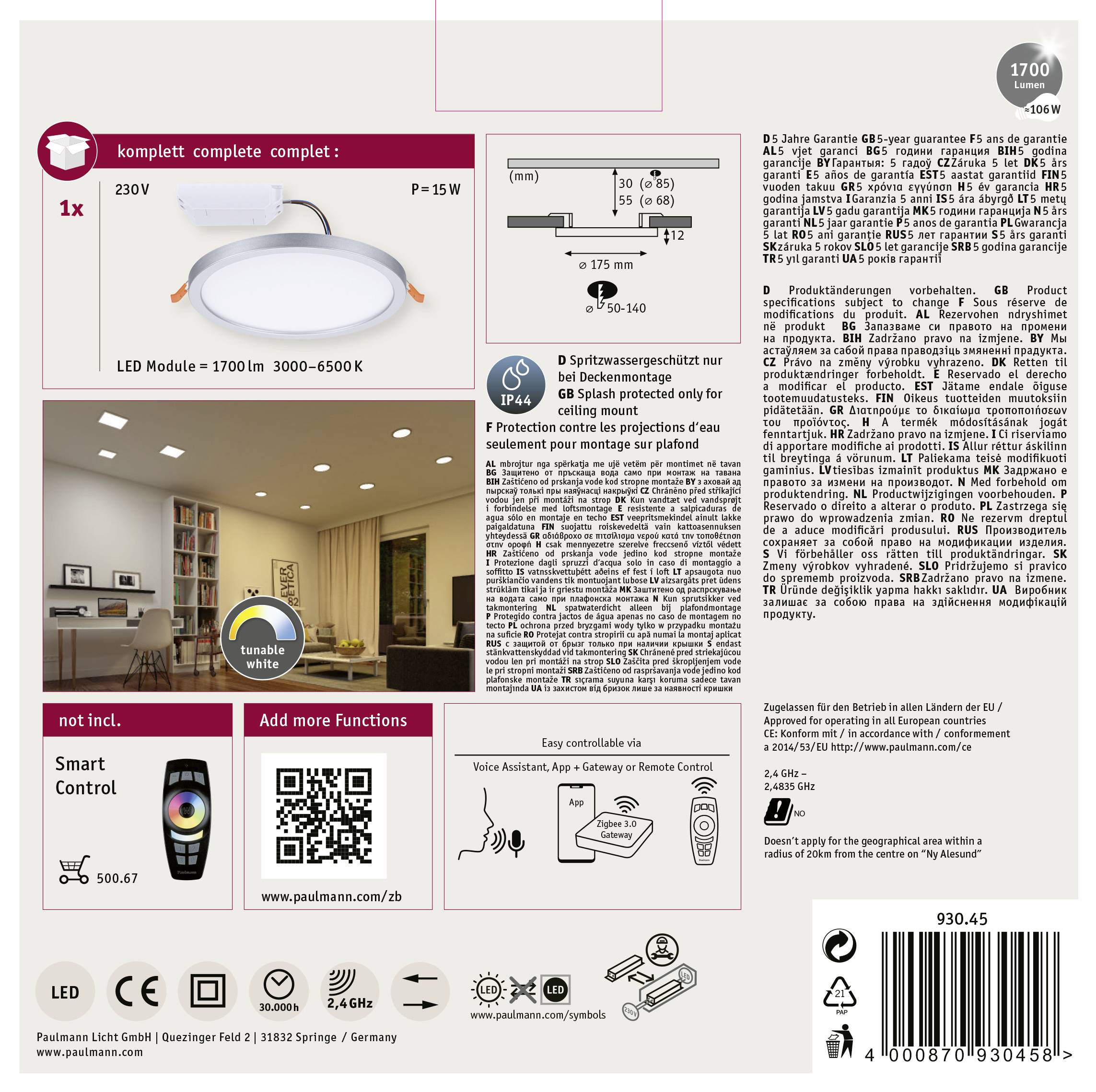 Paulmann 93045 AREO VariFit TuneW Zigbee LED-Einbaupanel LED 13W Chrom (matt)