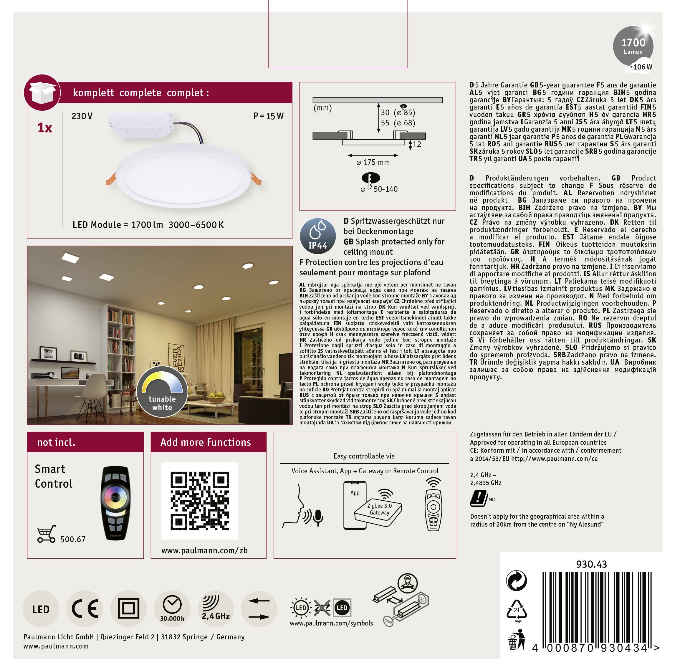 Paulmann 93043 AREO VariFit TuneW Zigbee LED-Einbaupanel LED 13W Weiß