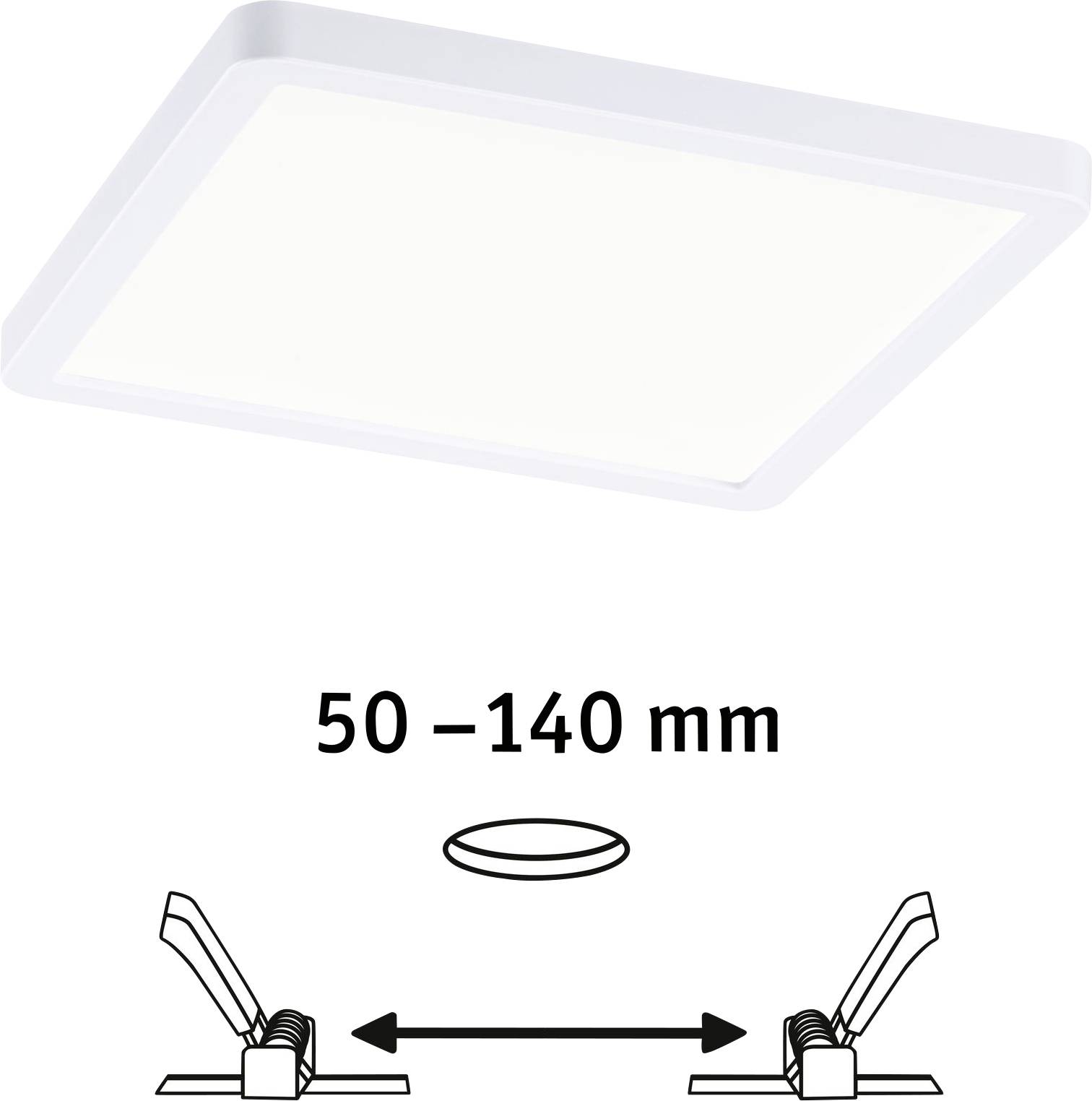 Quadratische LED-Deckenleuchte mit seitlicher Befestigungsmechanik. Text '50 – 140 mm' zeigt den verstellbaren Abstand.