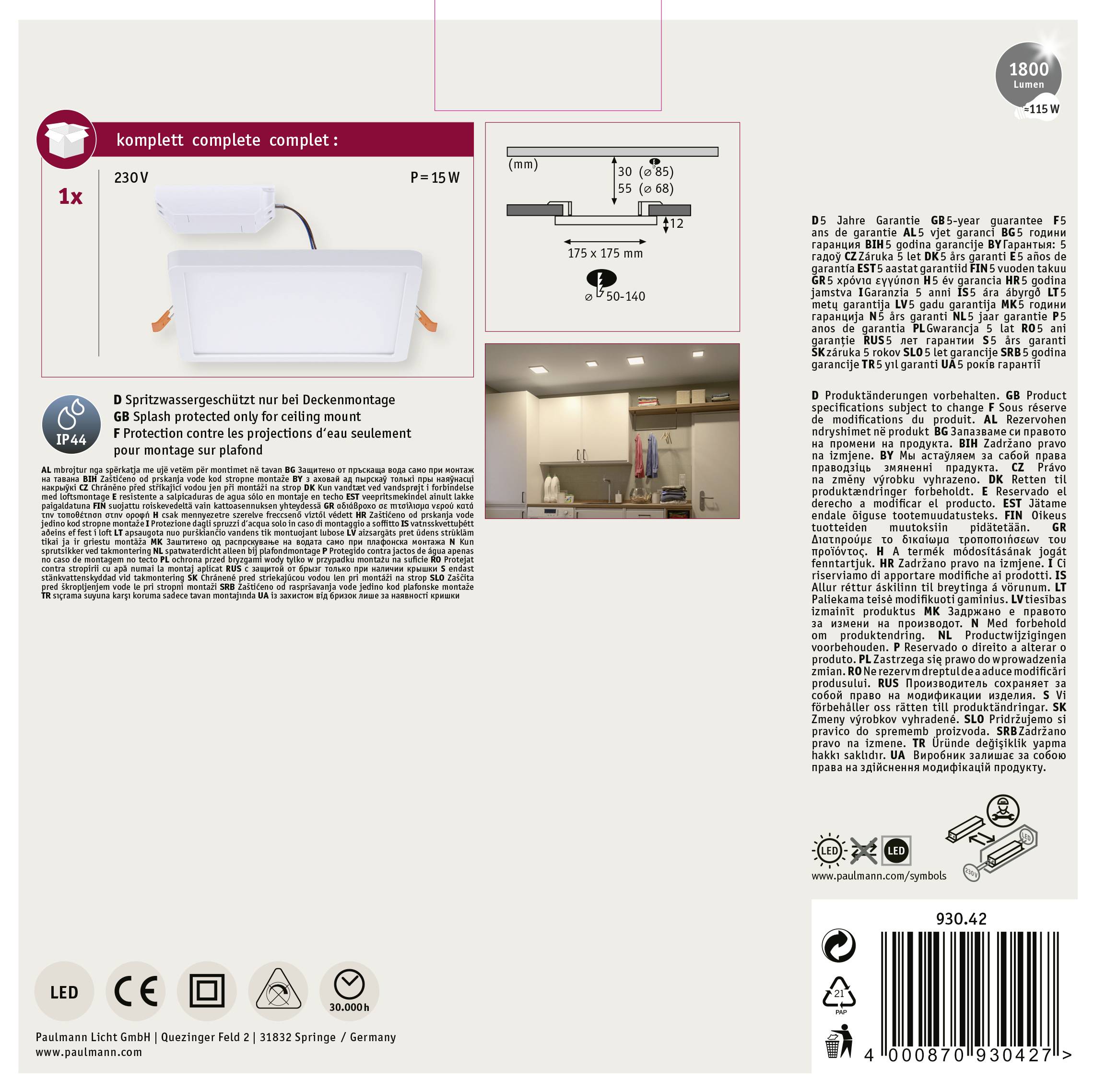 Deckenleuchte mit 15 W, Schutzart IP44, geeignet für Deckenmontage. Enthält Montageanleitung und Produktbeschreibung in verschiedenen Sprachen. Hersteller: Paulmann Licht GmbH.